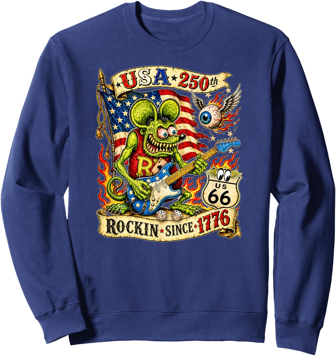 USA 250th Rat Fink US Highway 66 Guitar Flag Dice Ace Retro Sweatshirt - Sweatshirt | Navy