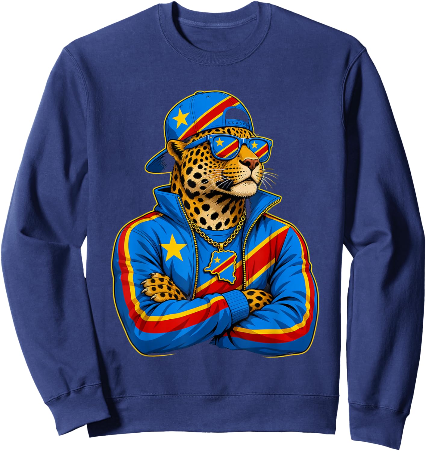 Democratic Republic Congo National Pride Leopard Flag Sweatshirt - Sweatshirt | Navy