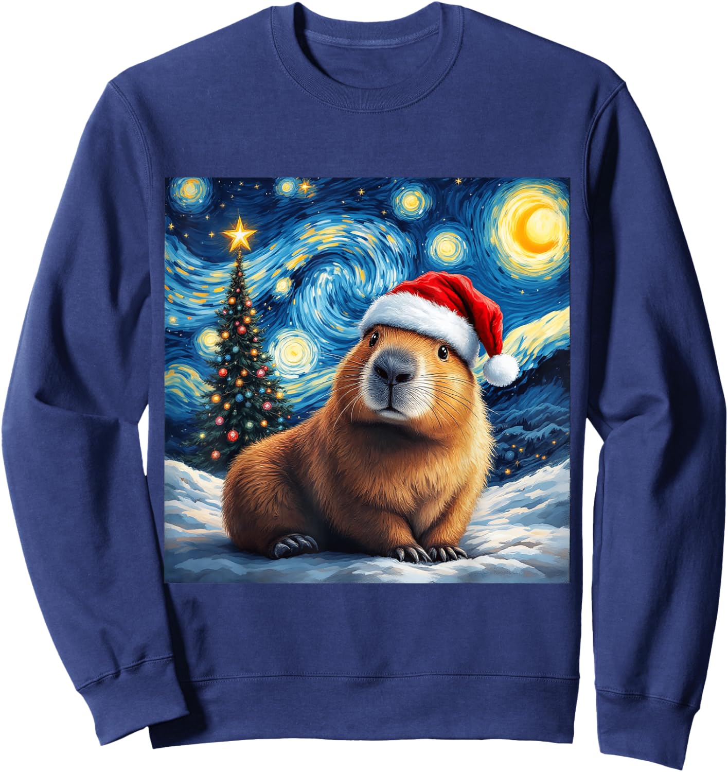 Christmas Capybara Santa Hat Van Gogh Starry Night Holiday Sweatshirt - Sweatshirt | Navy