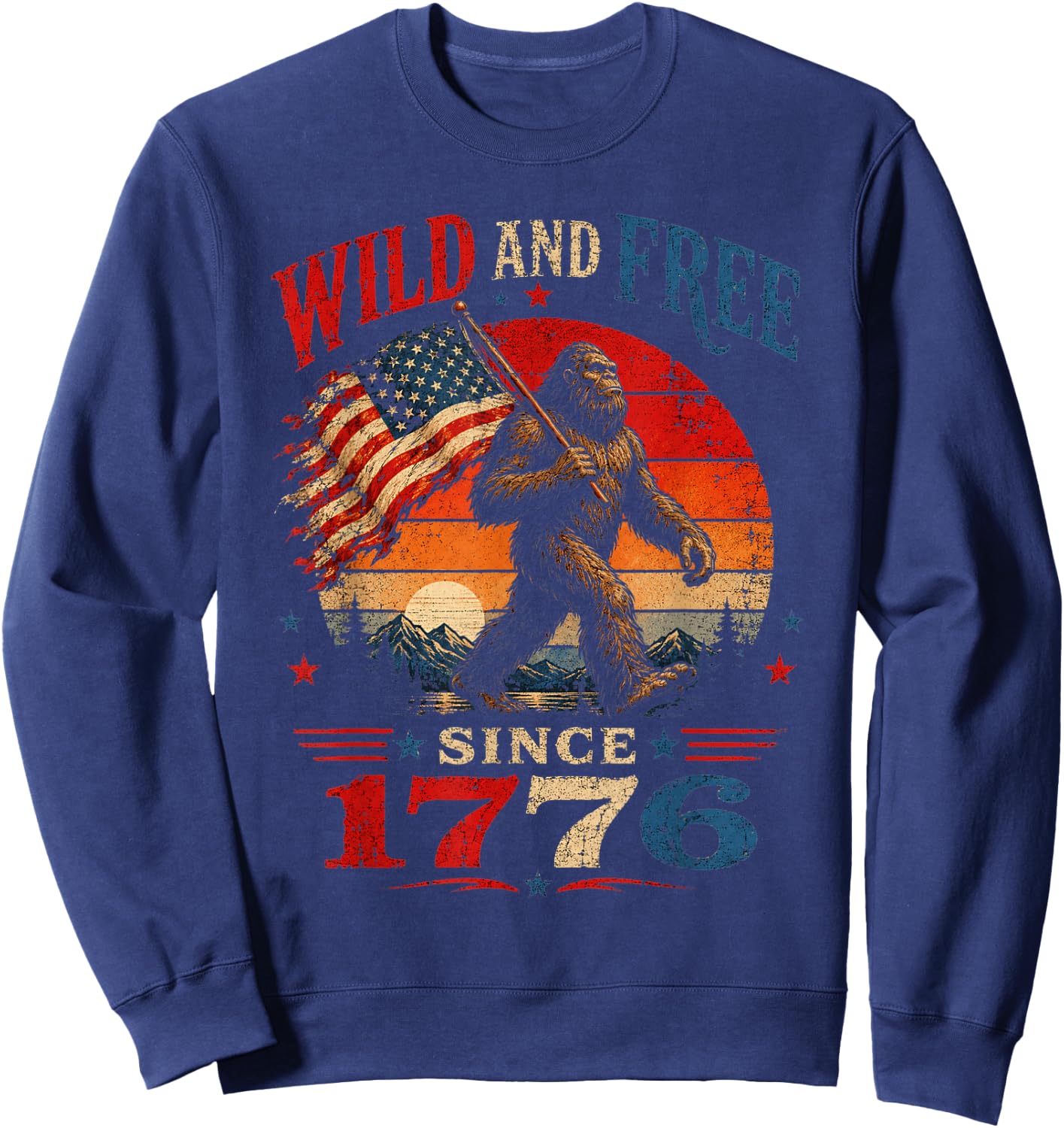 Patriotic Bigfoot Wild and Free Since 1776 American Flag Sweatshirt - Sweatshirt | Navy
