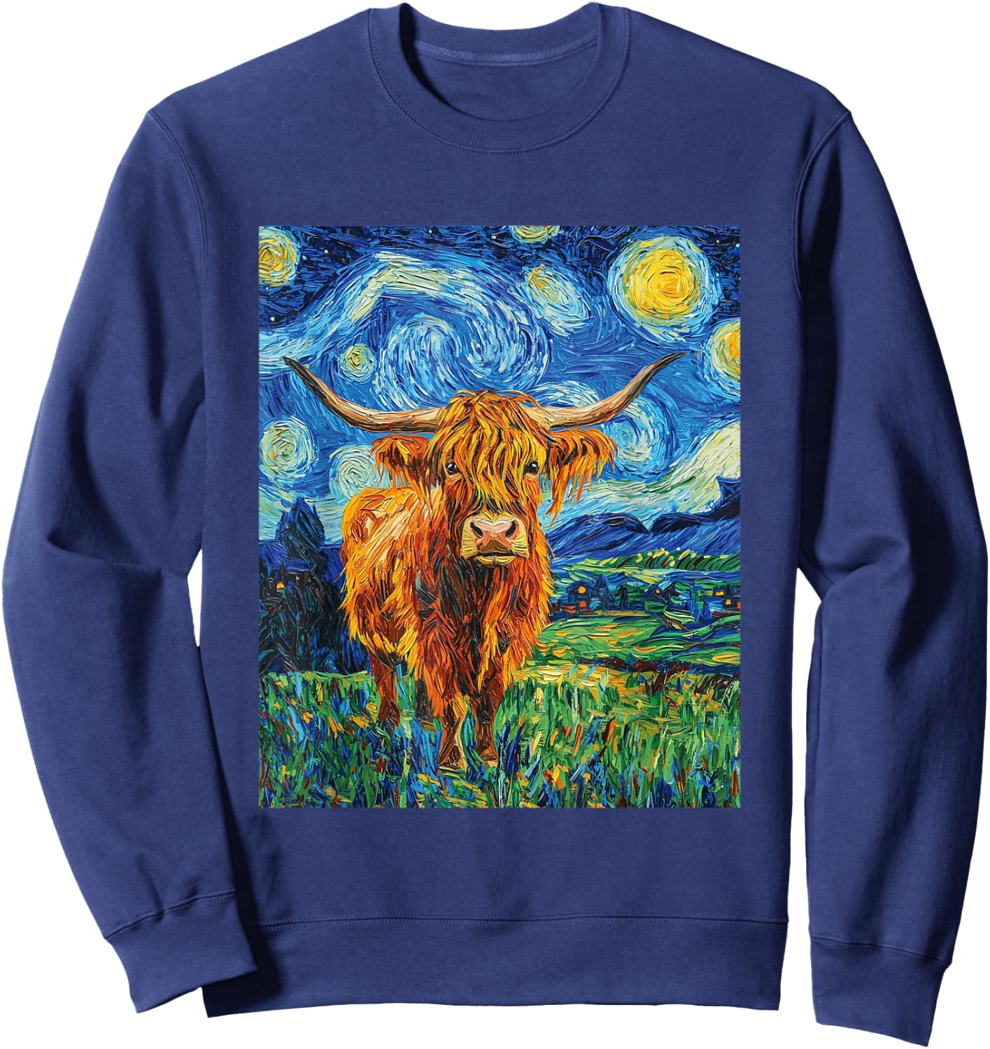 Funny Highland Cow Graphic Van Gogh Style Starry Night Sweatshirt - Sweatshirt | Navy
