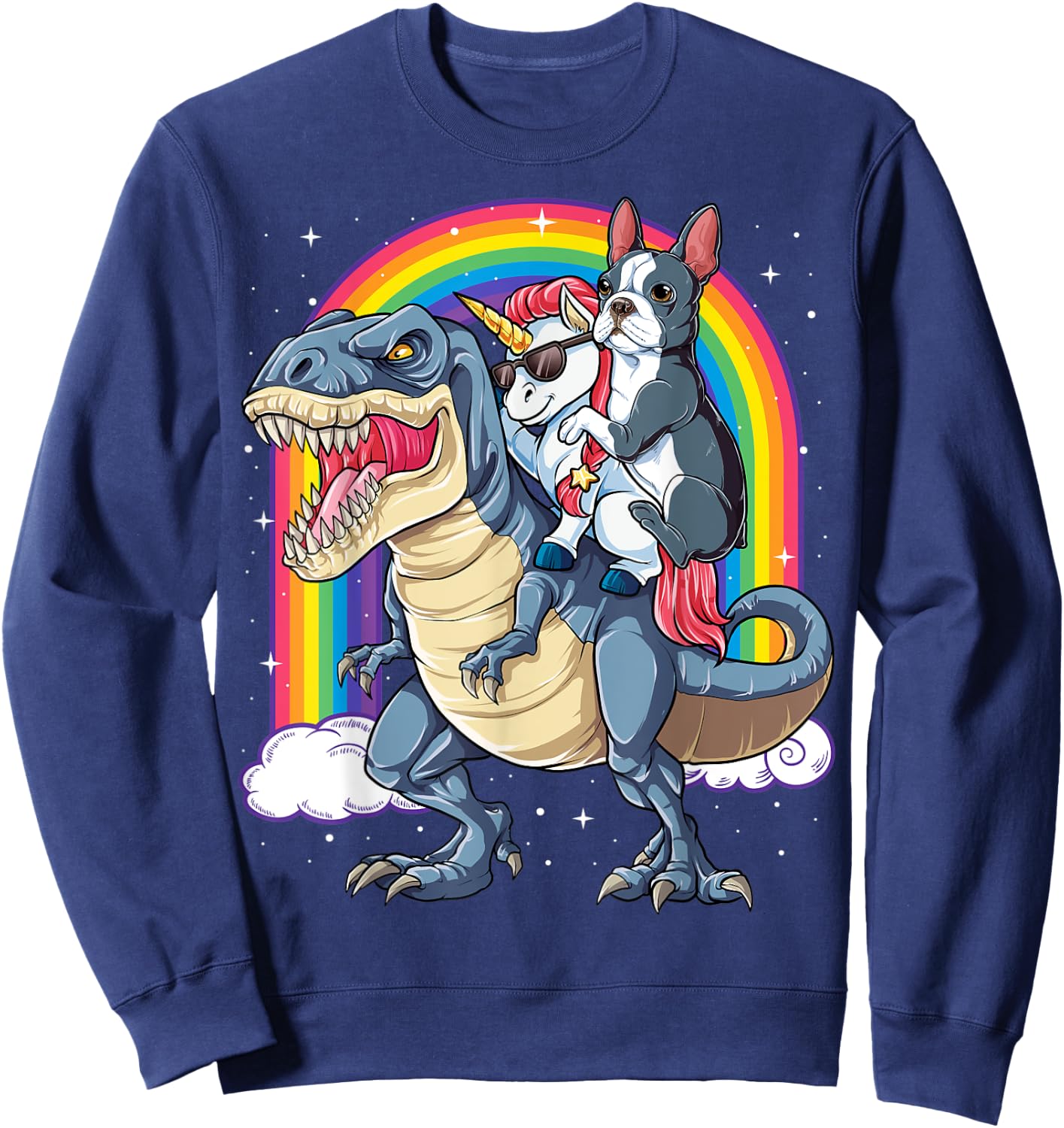 Boston Terrier Unicorn Riding Dinosaur T-rex Gift Boys Girls Sweatshirt - Sweatshirt | Navy