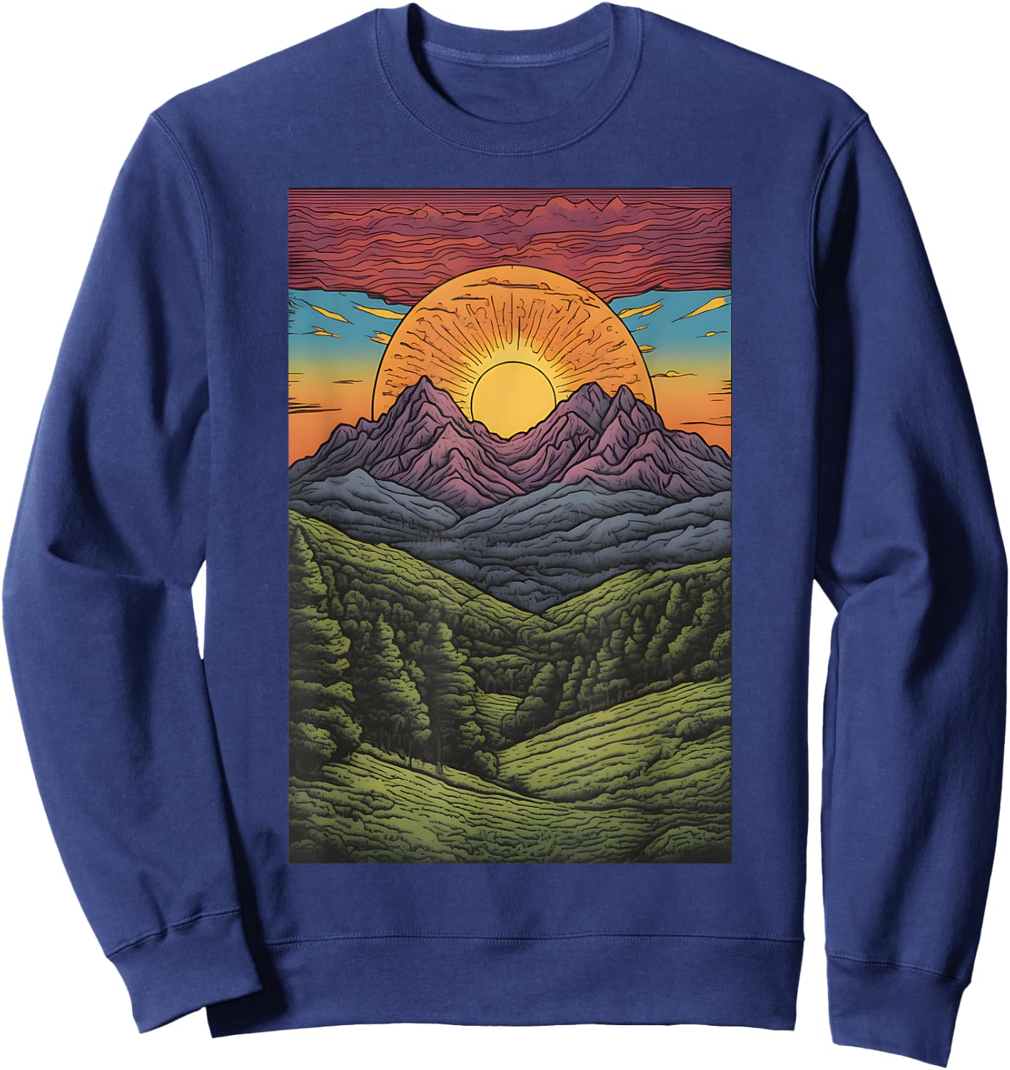 Psychedelic Sunset and Mountains - Outdoors Hiking Graphic Sweatshirt - Sweatshirt | Navy