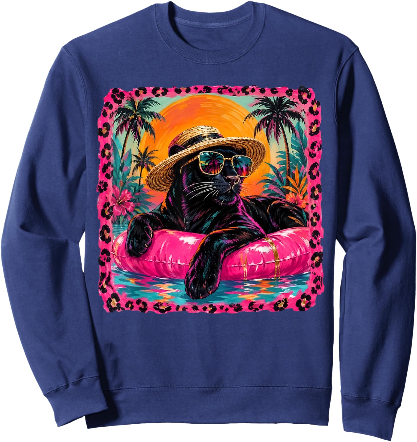 Leopard Summer Panther with Glasses Summer Vacation Sweatshirt - Sweatshirt | Navy