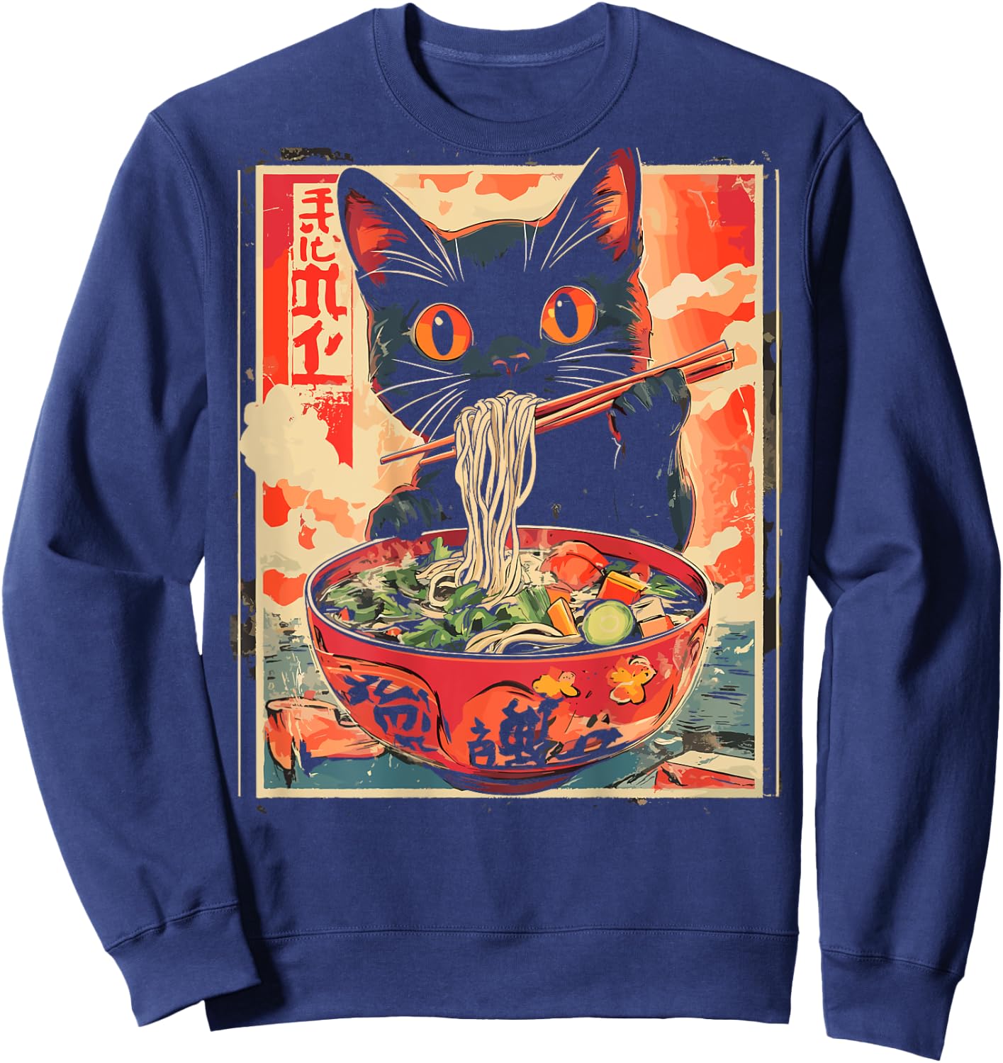 Cat Ramen Noodle Japanese Backprint , black Sweatshirt - Sweatshirt | Navy