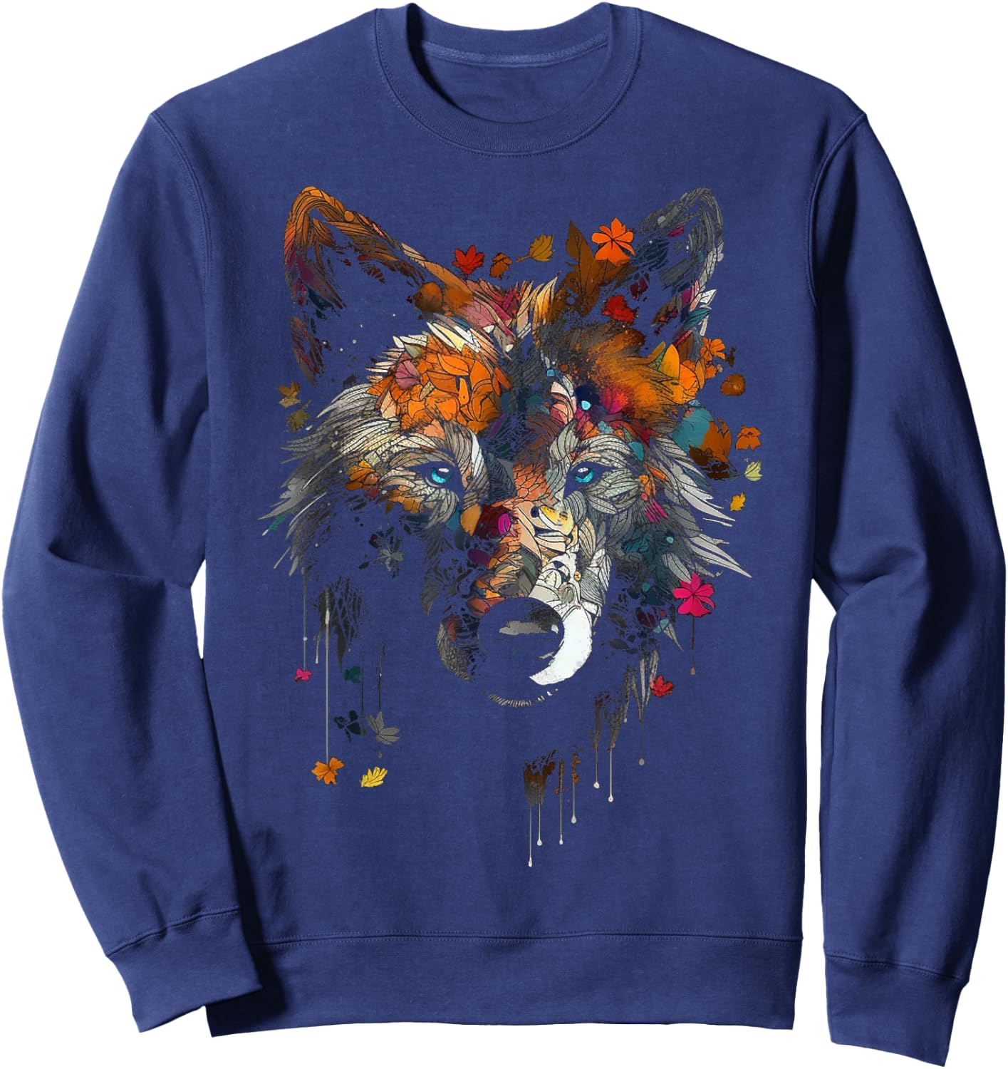 Wolf Herbst Blätter - Blaue Augen - Tier Kunst Motiv Wolf Sweatshirt - Sweatshirt | Navy