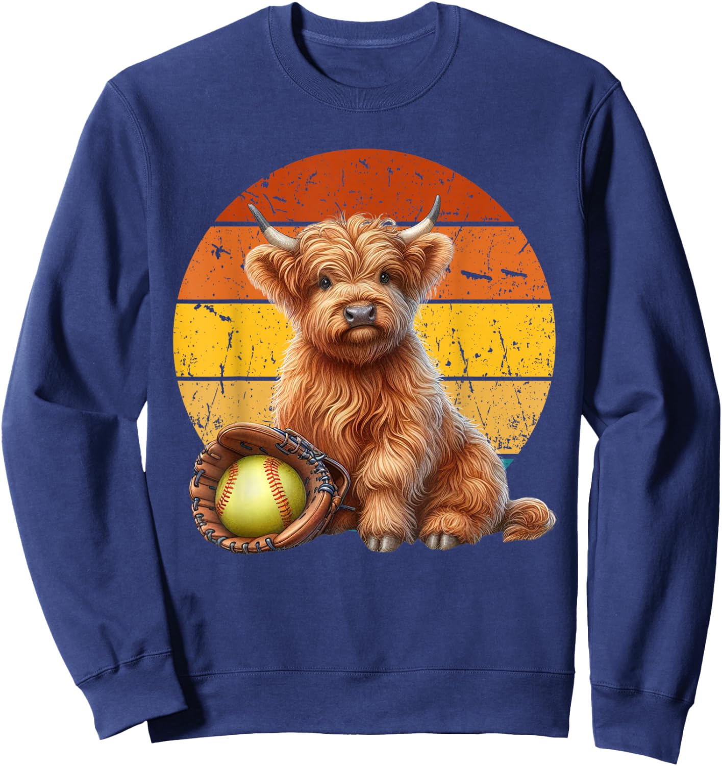 Cute Highland Cow Softball , Retro Sunset Softball Sweatshirt - Sweatshirt | Navy