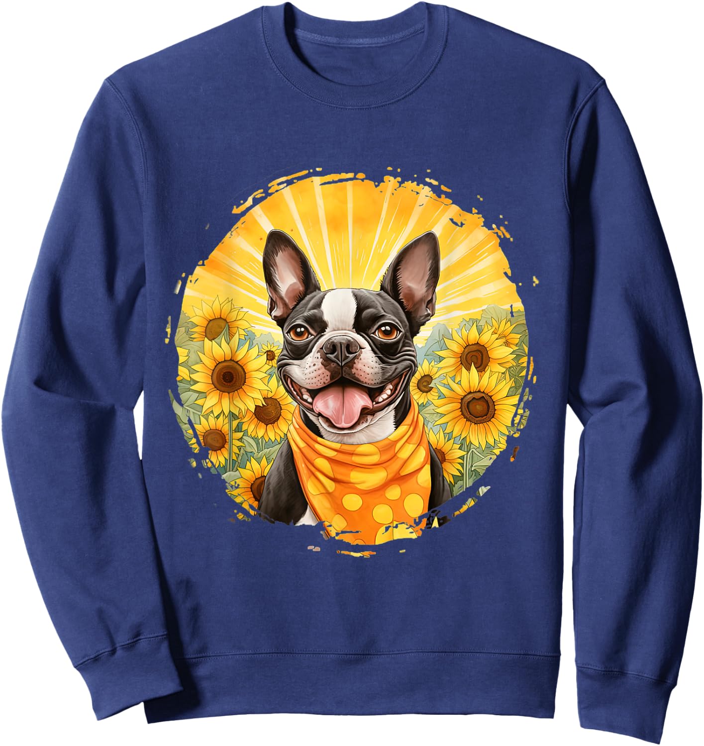 Boston Terrier Dog Vintage Bandana Headband Sunflower Field Men Women Sweatshirt - Sweatshirt | Navy