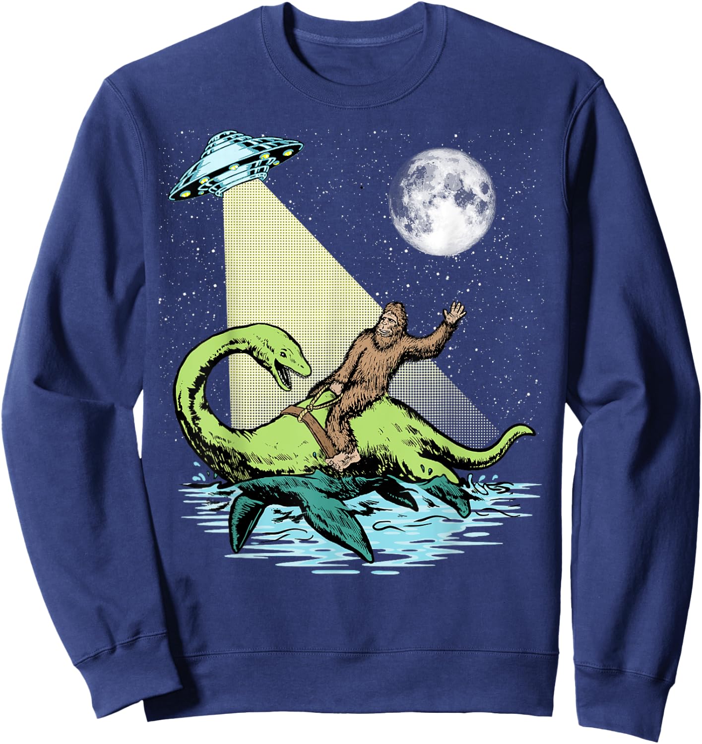 Bigfoot Riding Nessie & UFO Aliens At Night Funny Retro Sweatshirt - Sweatshirt | Navy