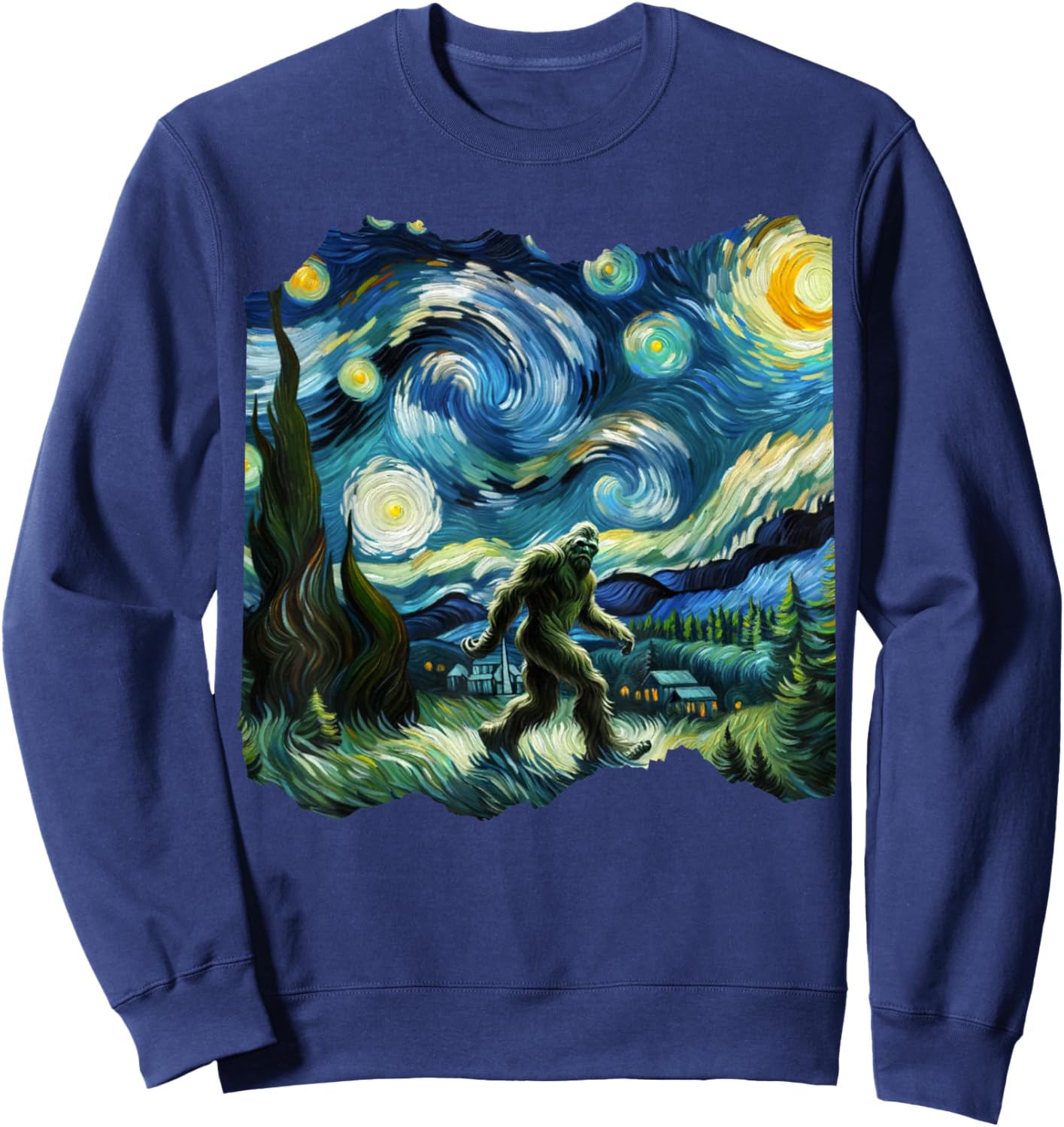 Bigfoot Sasquatch Van Gogh Art Painting Star Sky Night Sweatshirt - Sweatshirt | Navy