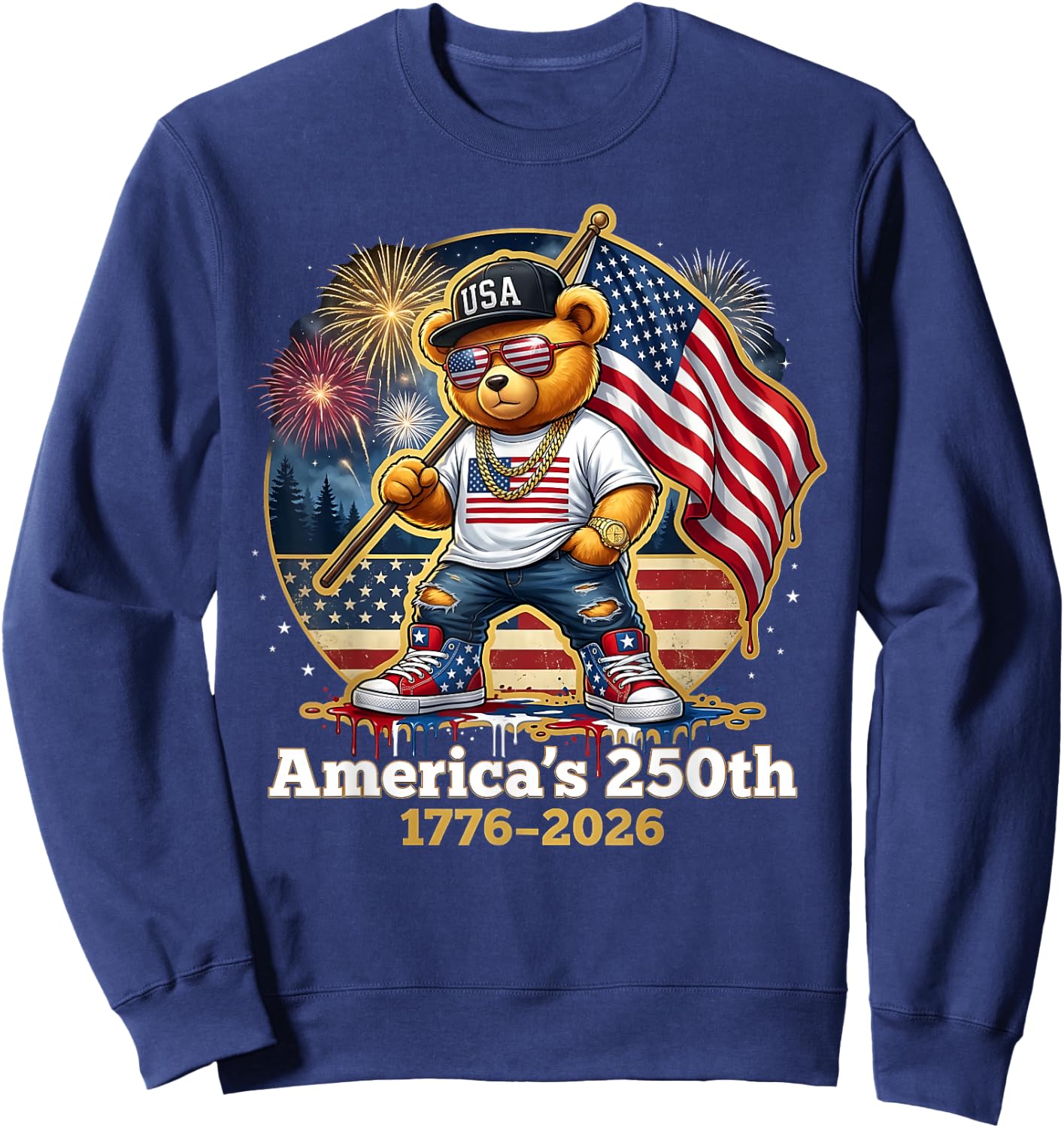 Patriotic Teddy Bear America's 250th Anniversary 1776 2026 Sweatshirt - Sweatshirt | Navy
