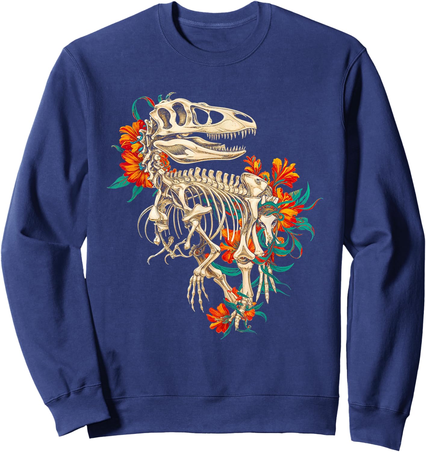 Rex Skeleton Dinosaur Floral Bones Paleontology Art Sweatshirt - Sweatshirt | Navy