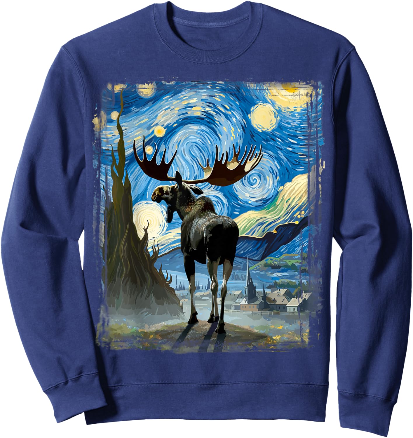 Moose Star Gazer Artistic Van Gogh Style Starry Night Moose Sweatshirt - Sweatshirt | Navy