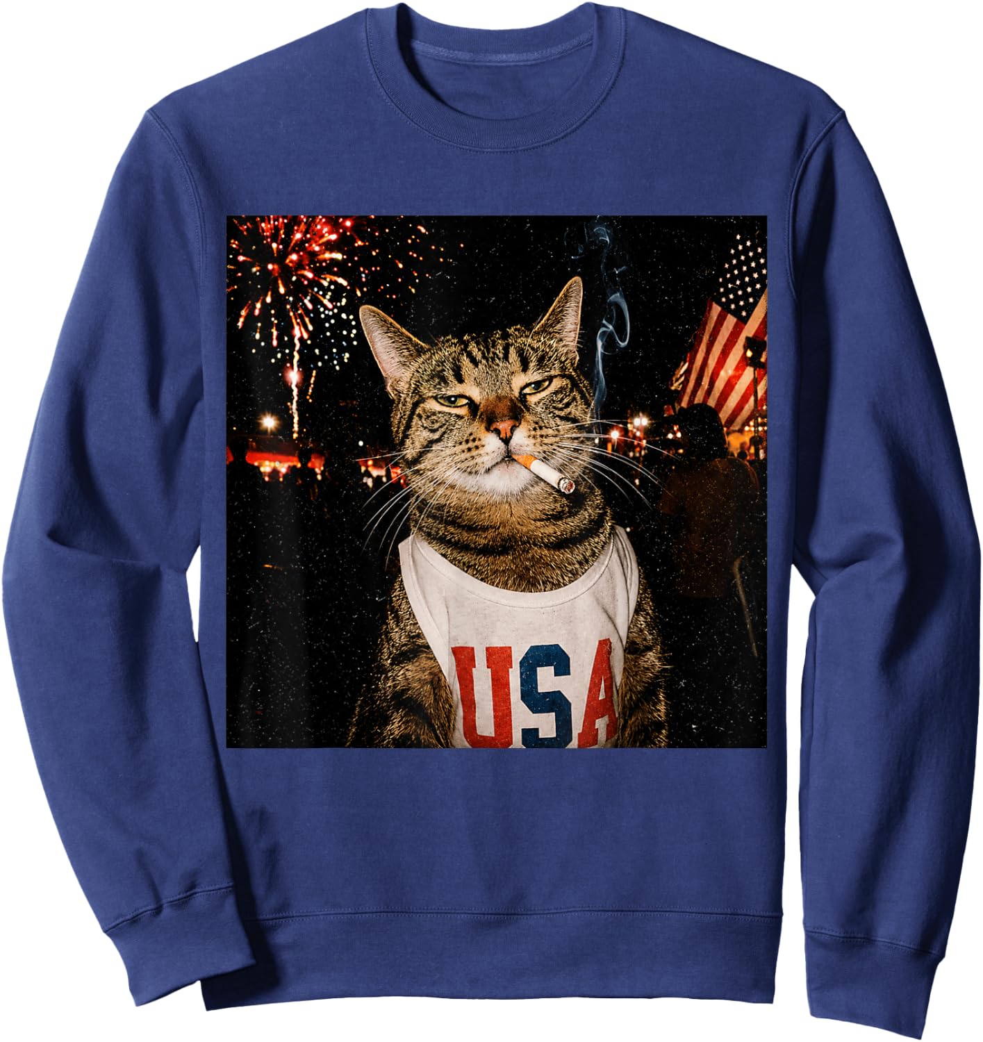 Patriotic Smoking Cat USA 4th of July Funny Cat Lover Sweatshirt - Sweatshirt | Navy