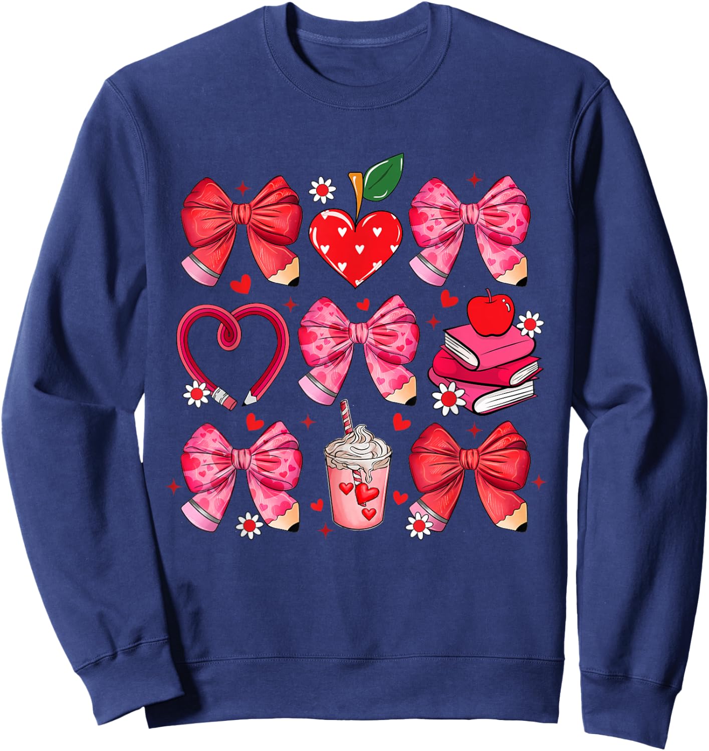 Bow Pencil Heart Apple Teacher Student Cute Back to School Sweatshirt - Sweatshirt | Navy