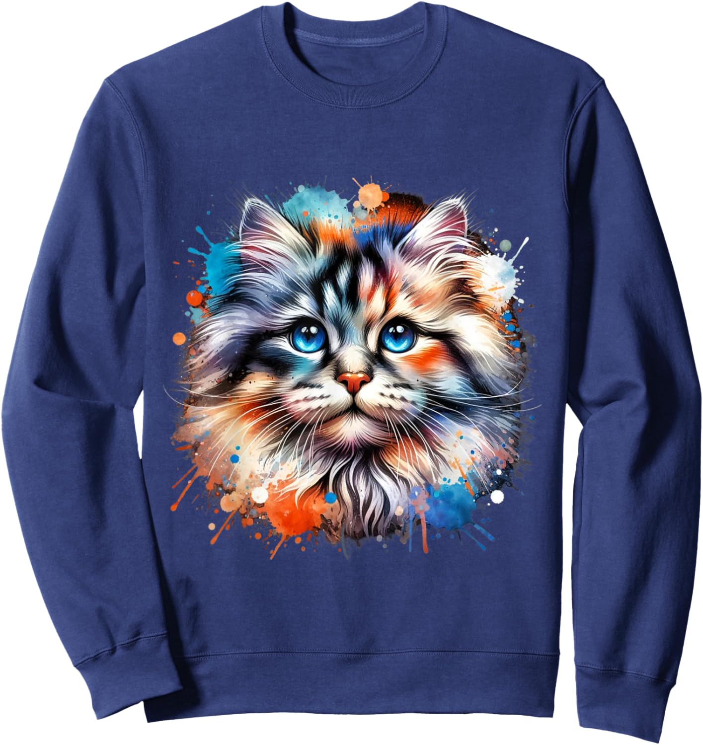 Watercolor Cat Art | Colorful Cat Design Cat Portrait Sweatshirt - Sweatshirt | Navy