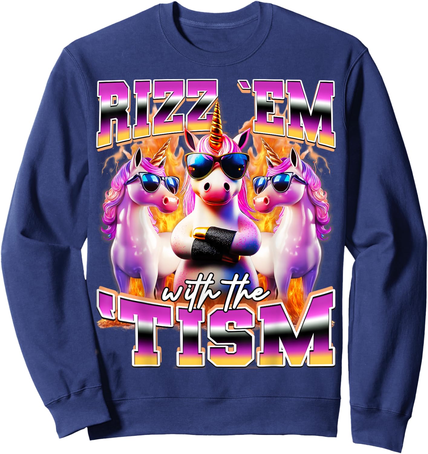 Rizz em With The Tism Funny Unicorn Sunglasses Meme Bootleg Sweatshirt - Sweatshirt | Navy