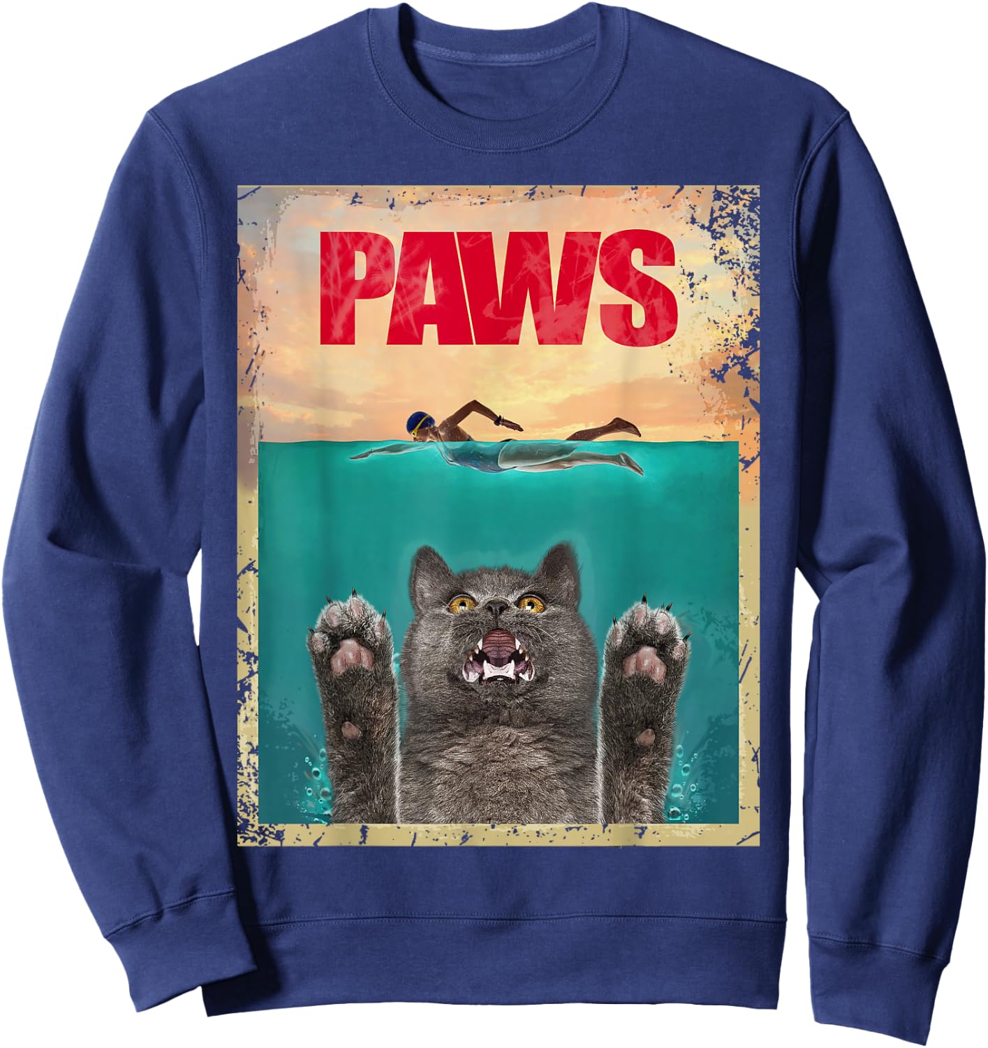 Movie Parody Paws Shark Feline Jaws Cat Lovers Sweatshirt - Sweatshirt | Navy