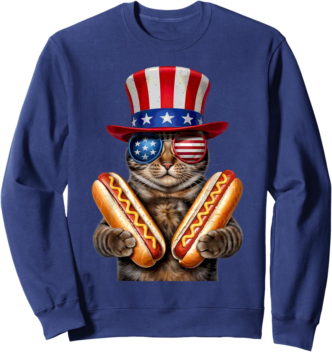 Cat Eating Hotdog 4th Of July American Flag Kitten Lover Sweatshirt - Sweatshirt | Navy