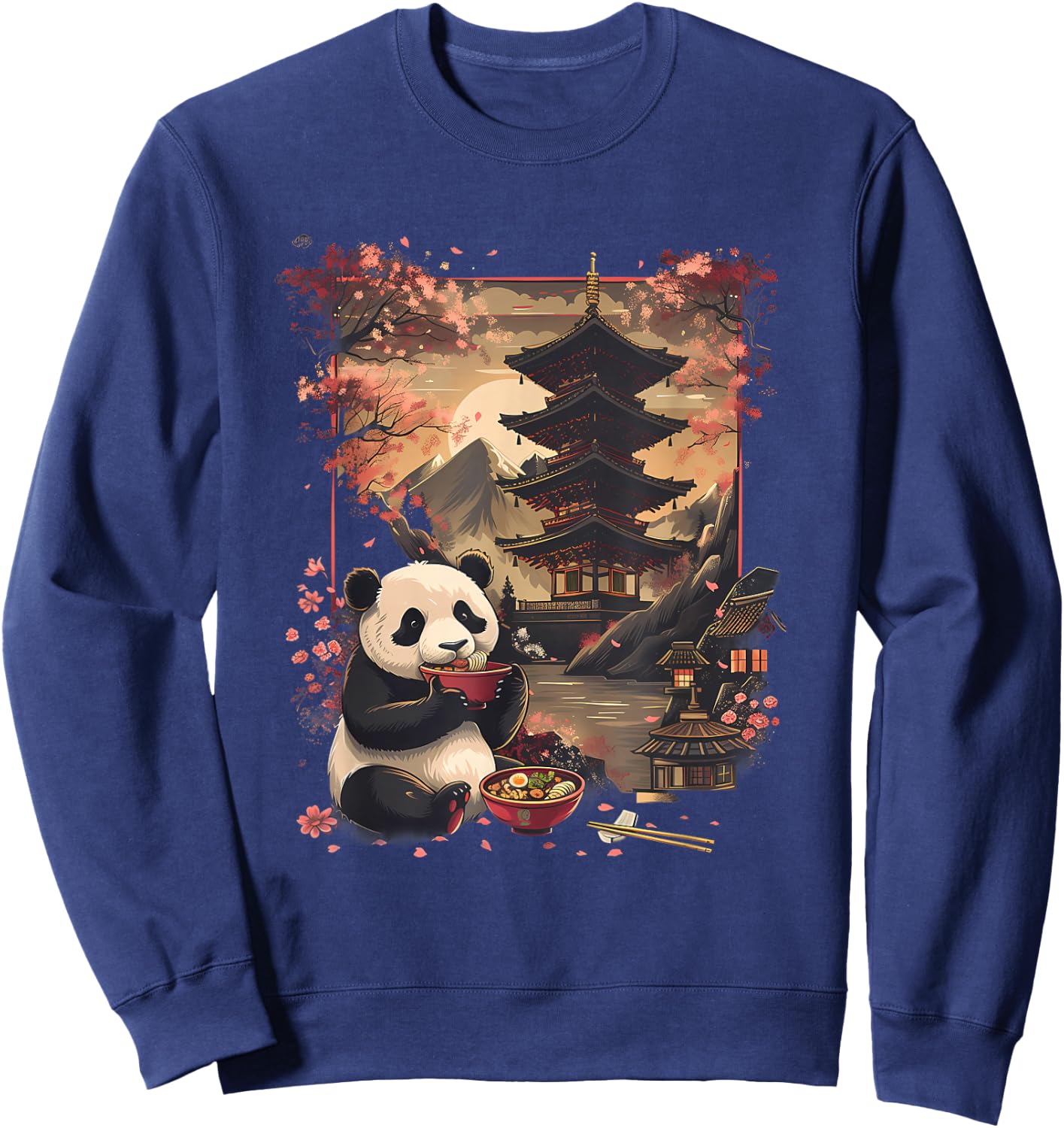 Panda Ramen Mount Fuji Pagoda Tower Sakura Panda Noodle Bowl Sweatshirt - Sweatshirt | Navy