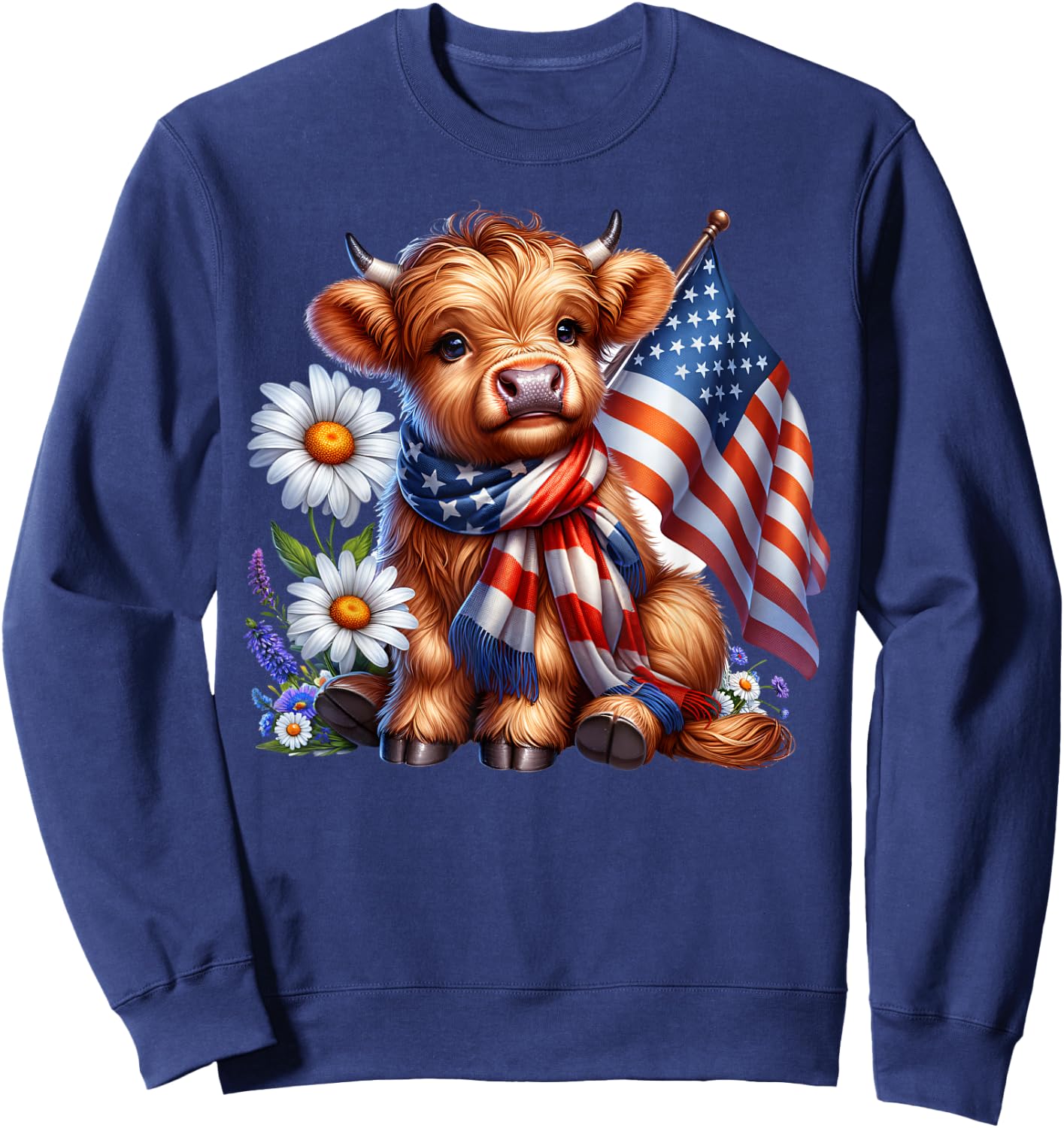Cute Highland Cow Florals 4th of July USA Flag Patriotic Cow Sweatshirt - Sweatshirt | Navy