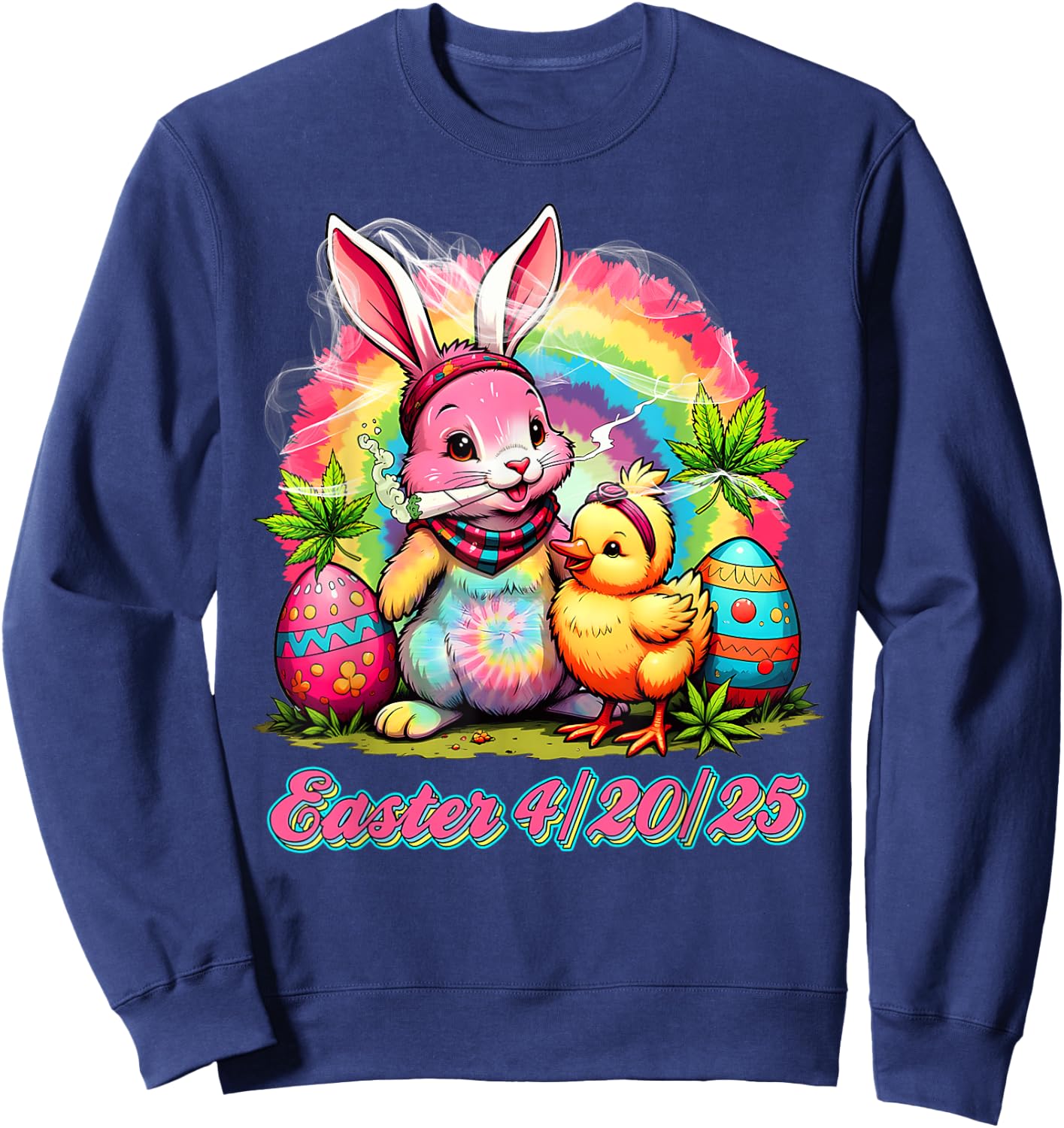 Happy 420 Easter Bunny Smoking Weed Funny Men Women Sweatshirt - Sweatshirt | Navy