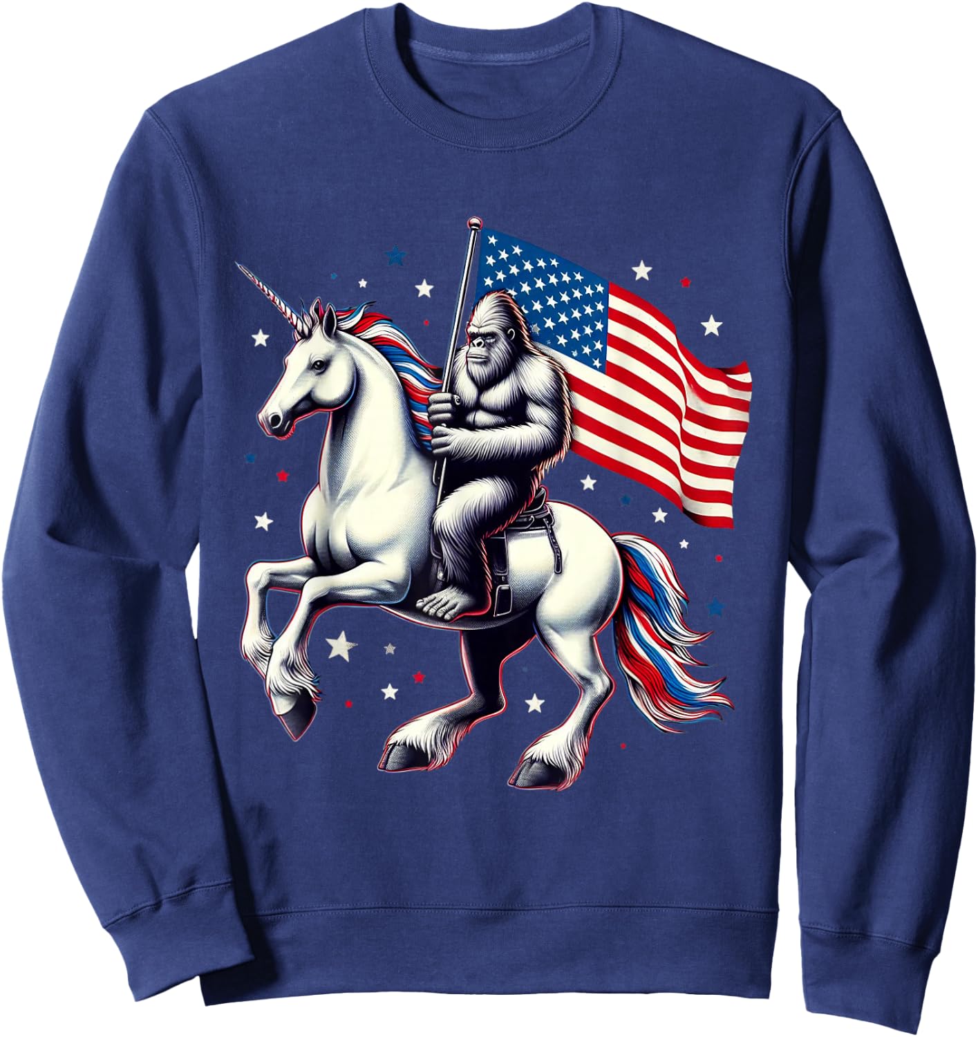 Bigfoot Sasquatch Riding Unicorn 4th Of July American Flag Sweatshirt - Sweatshirt | Navy