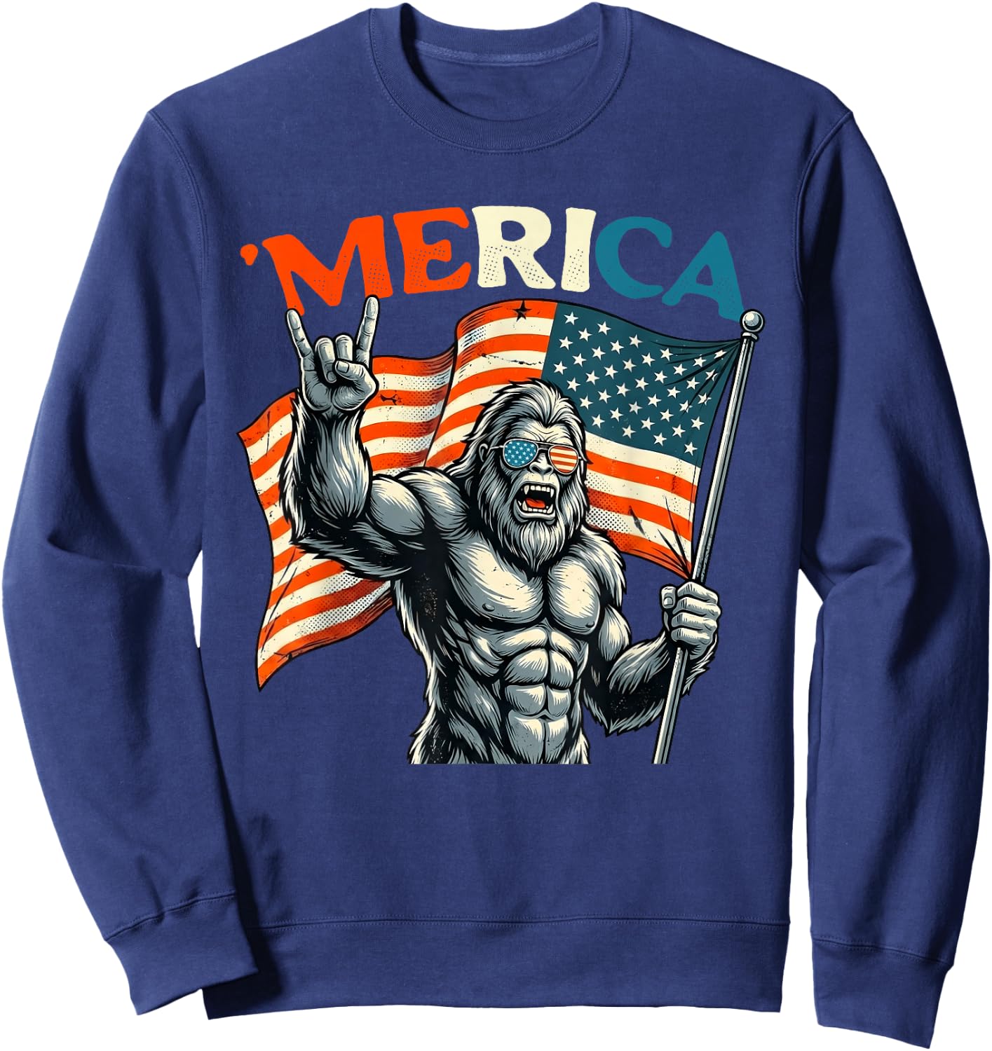 4th of July Bigfoot Sasquatch Merica Rock American Patriotic Sweatshirt - Sweatshirt | Navy