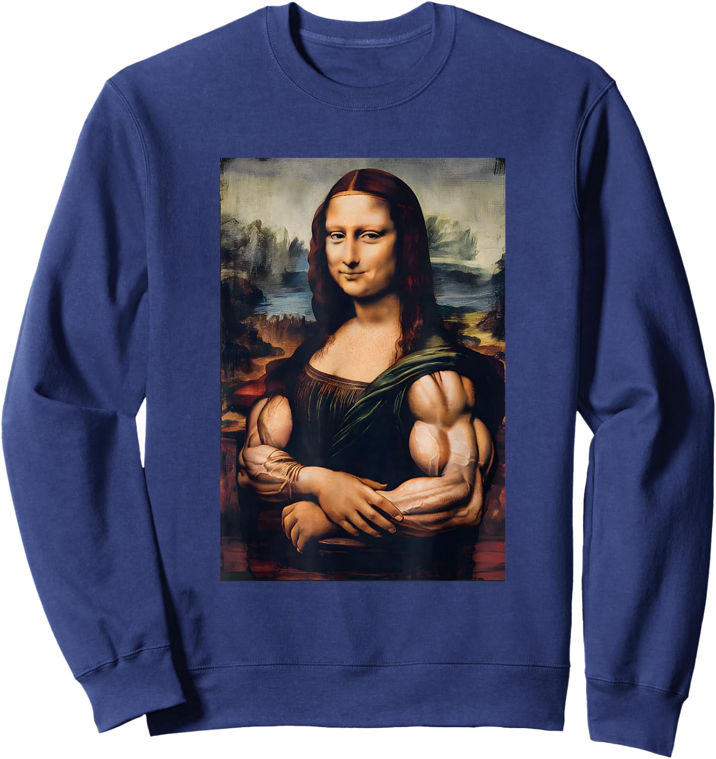 Mona Lisa Bicep Bodybuilding Gym Workout Funny Mona Lisa Sweatshirt - Sweatshirt | Navy