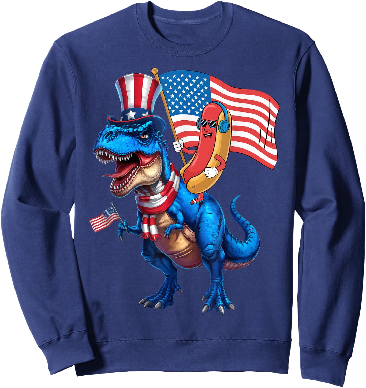 Hotdog Riding Dinosaur TRex 4th of July USA Flag Sweatshirt - Sweatshirt | Navy
