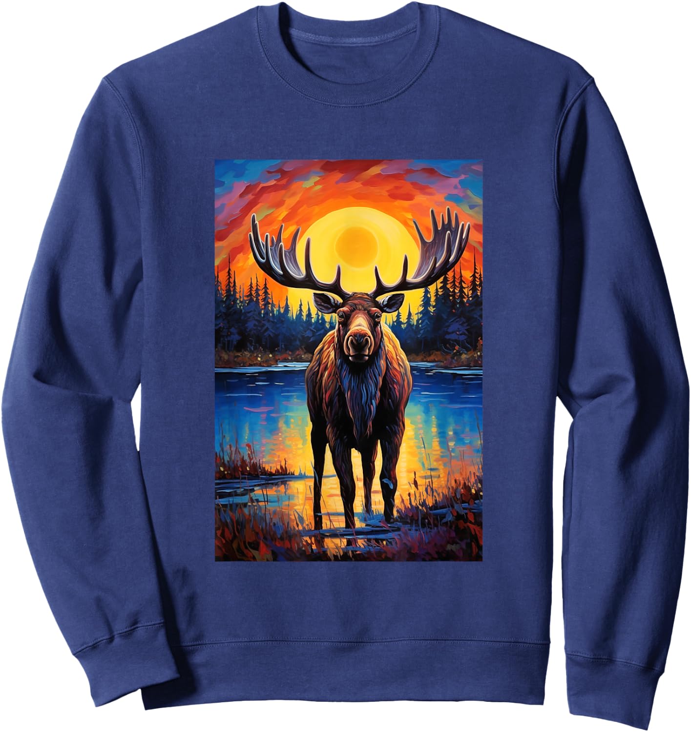 Moose Van Gogh Style Starry Night Graphic Sweatshirt - Sweatshirt | Navy