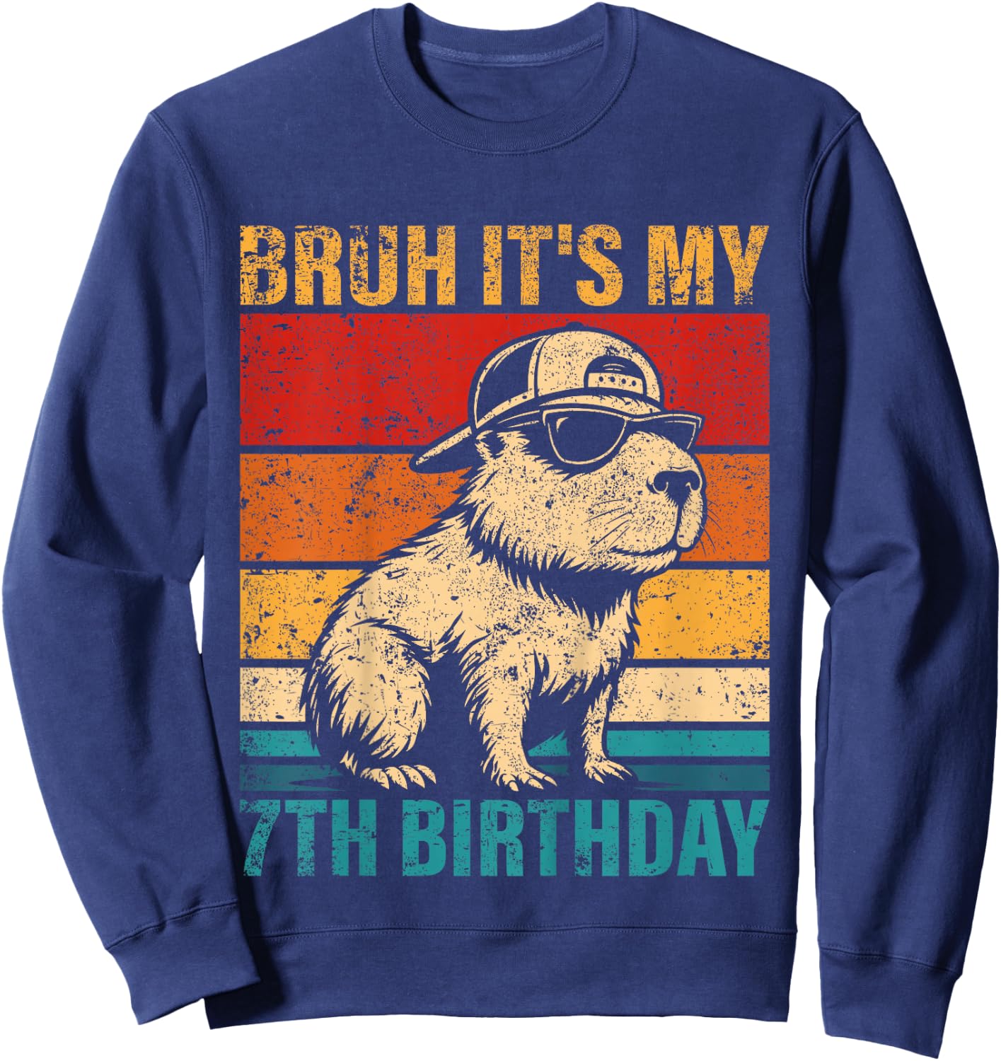 Kids 7 Year Old Birthday Boy Capybara Bruh It's My 7th Birthday Sweatshirt - Sweatshirt | Navy