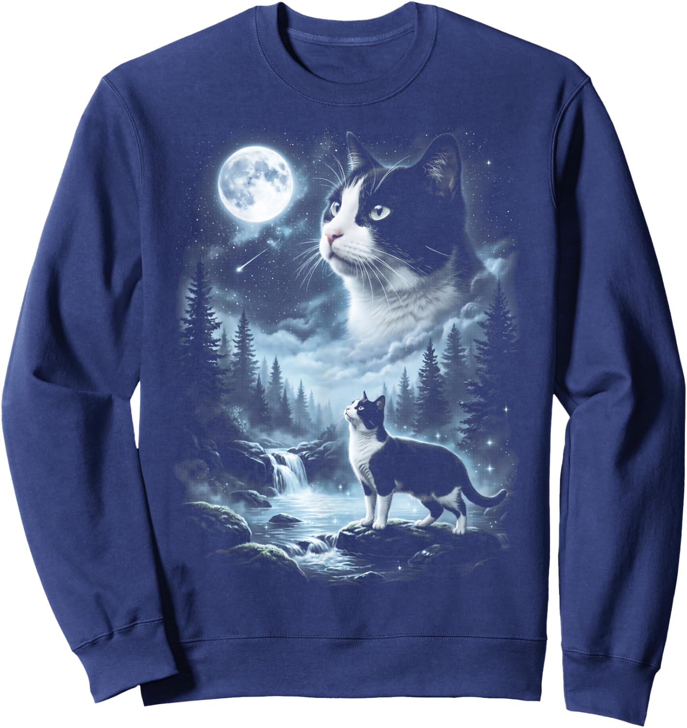 Tuxedo Cat Howling at Moon 90's Retro Sweatshirt - Sweatshirt | Navy