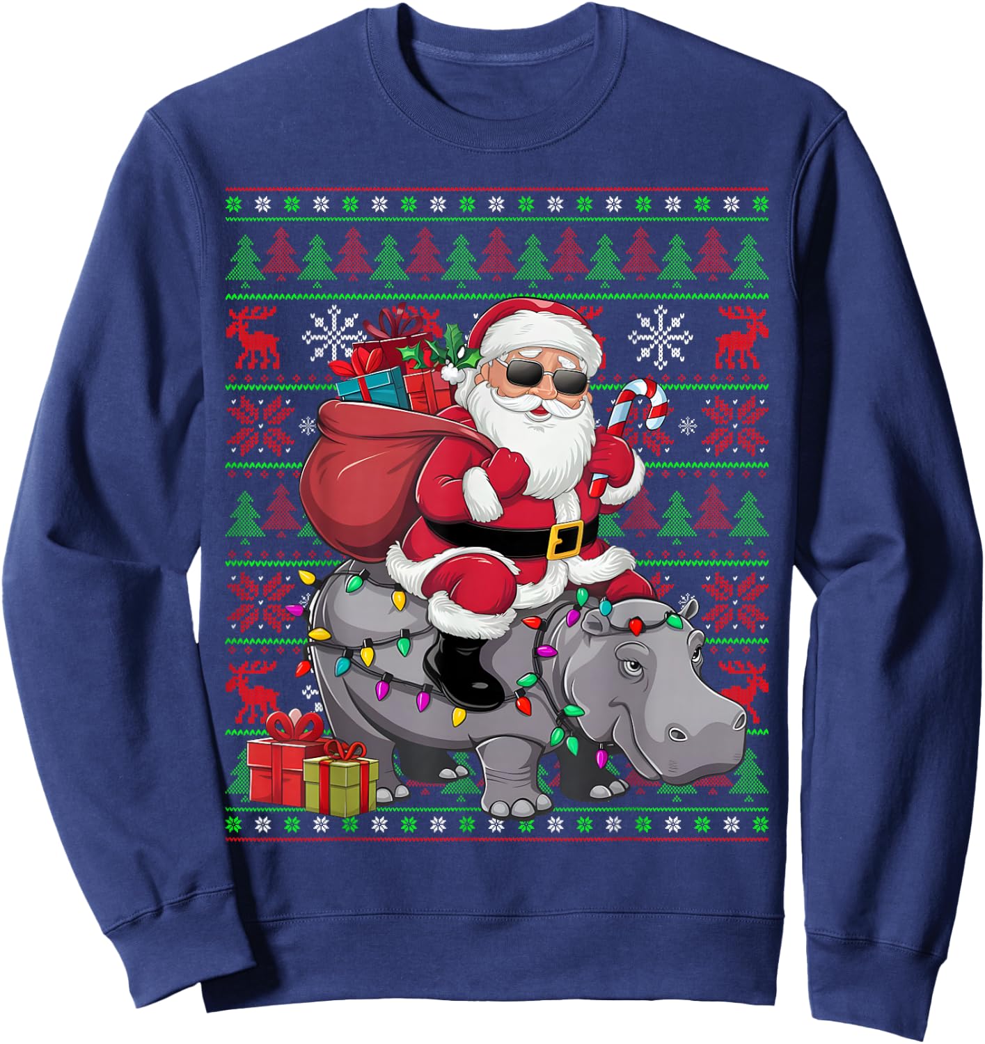 Ugly Xmas Lights Funny Santa Riding Hippo Christmas Sweatshirt - Sweatshirt | Navy