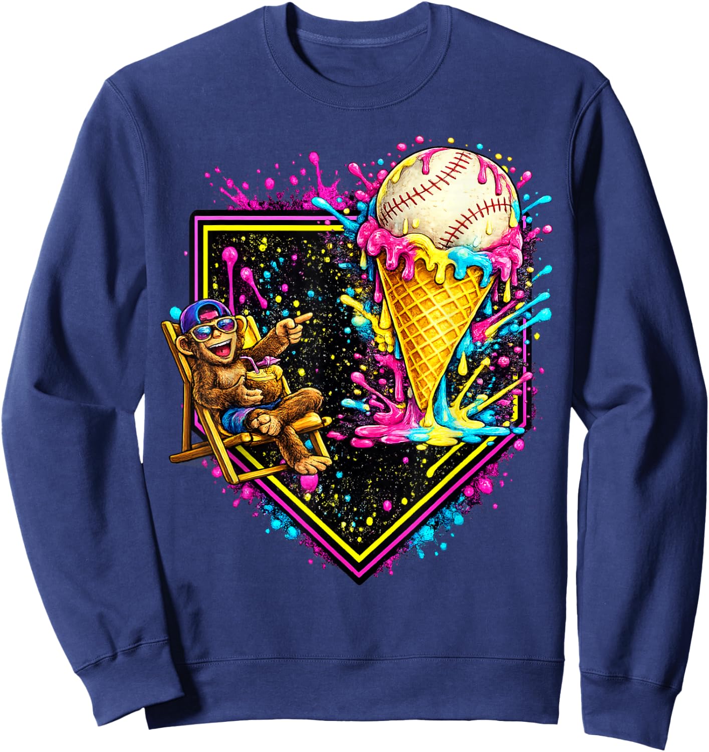 Monkey Funny Animals Baseball Ice Cream Drip Cool Sweatshirt - Sweatshirt | Navy