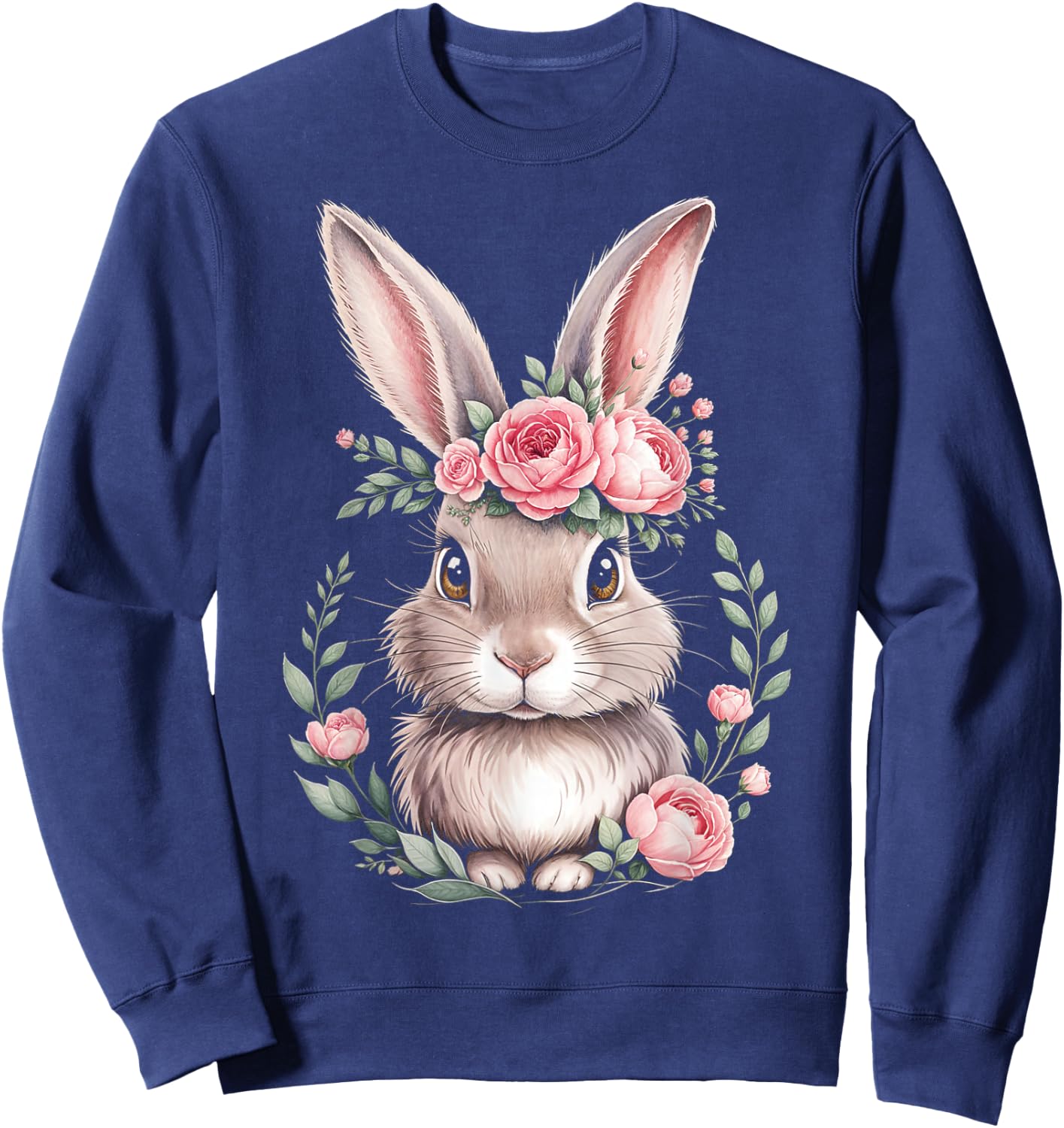 Bunny with Pink Rose Crown Watercolor Art Sweatshirt - Sweatshirt | Navy