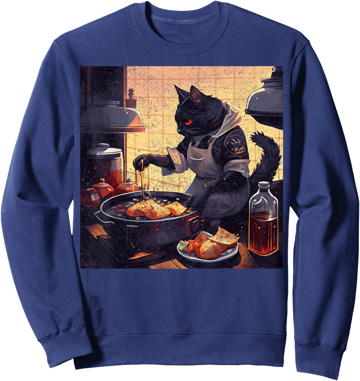Black Cat Cooking Fried Chicken Men Women Girls Kids Sweatshirt - Sweatshirt | Navy