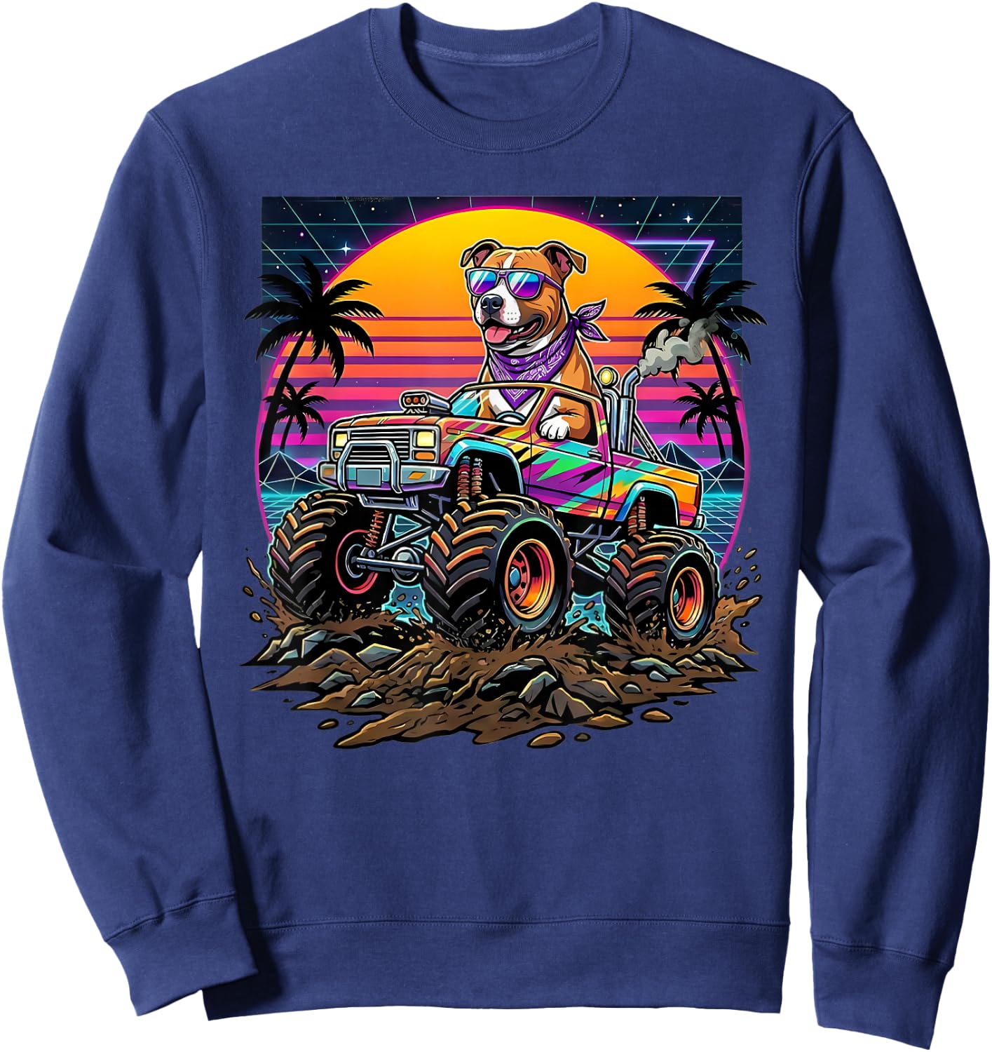 Cool Retro Monster Truck Birthday Dog Kids Sweatshirt - Sweatshirt | Navy