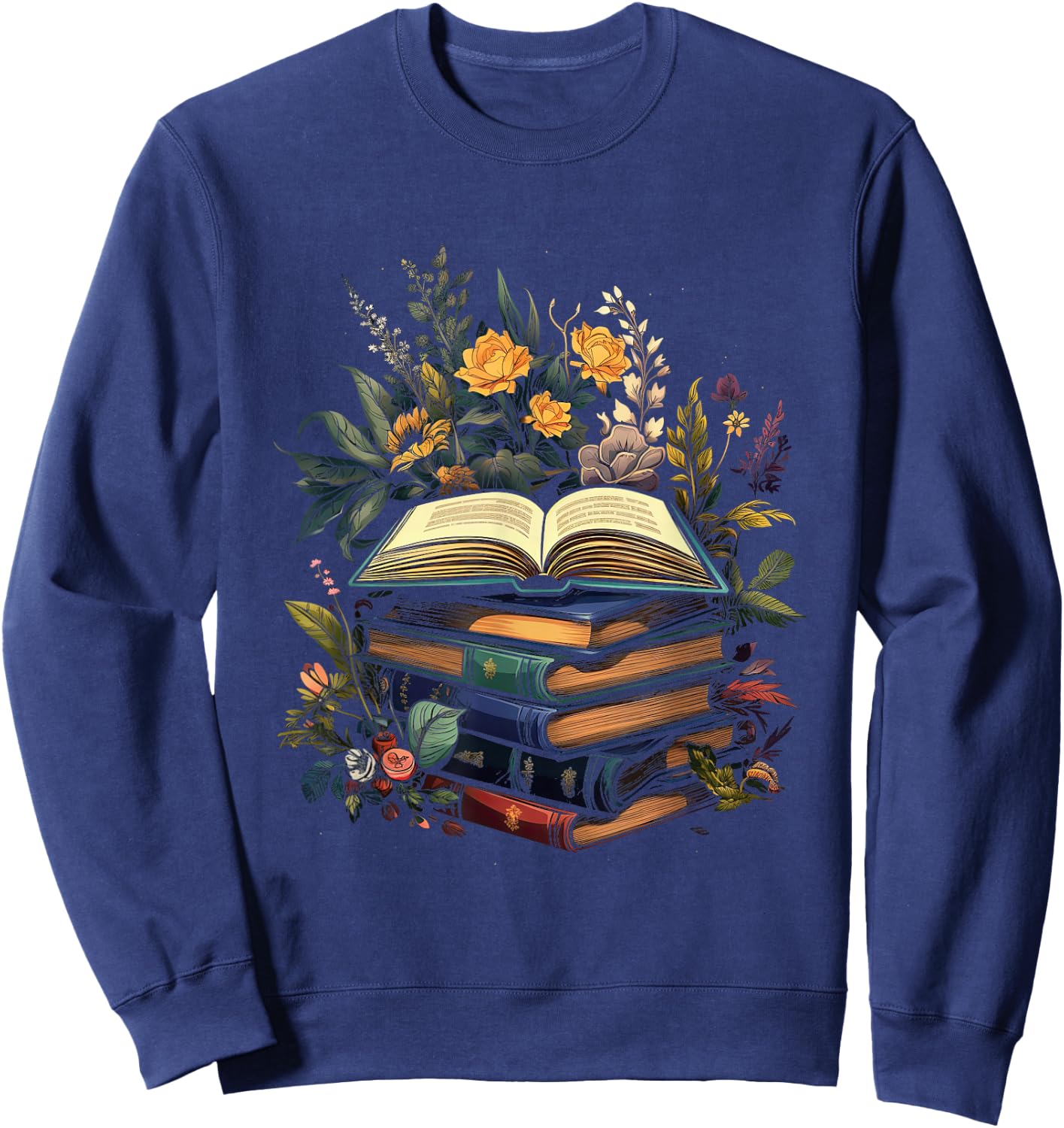 Minimalist Book with Flowers Nature Books Reading , black Sweatshirt - Sweatshirt | Navy