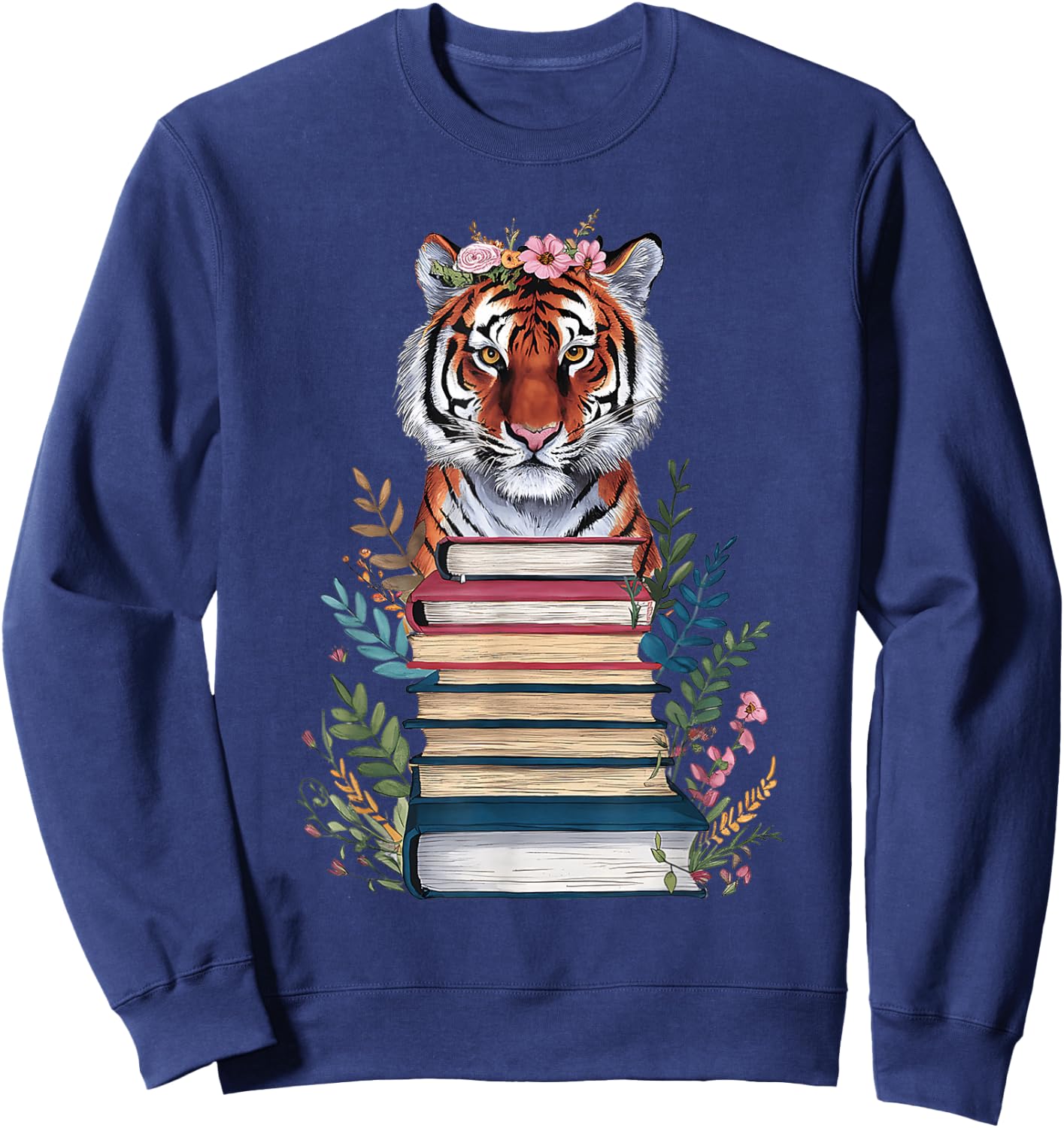 Cute Tiger With Book Floral Bookworm Librarian Book Lover Sweatshirt - Sweatshirt | Navy