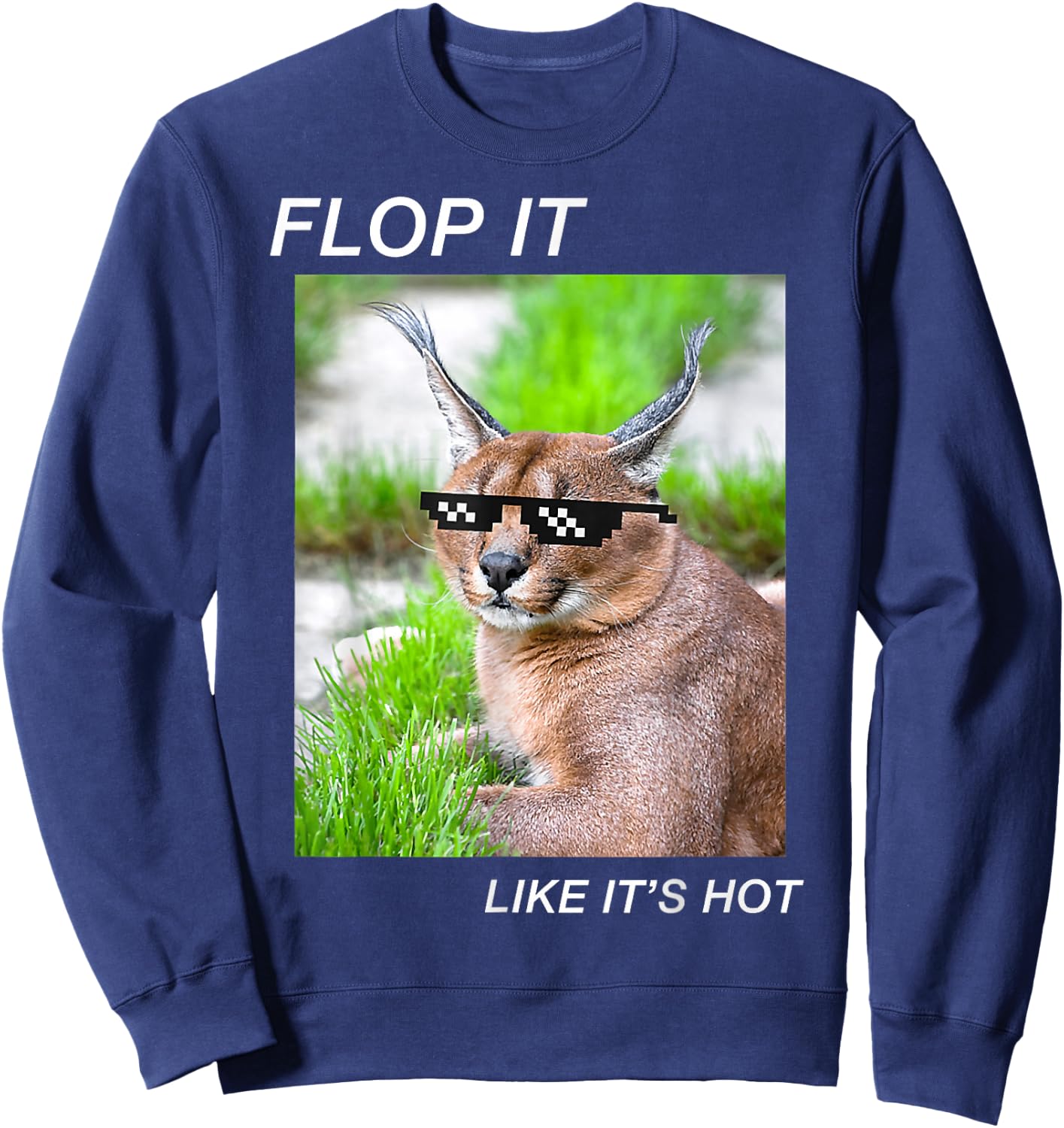 Meme Cat Caracal Big Floppa Joke Ironic Humor Funny Graphic Sweatshirt - Sweatshirt | Navy