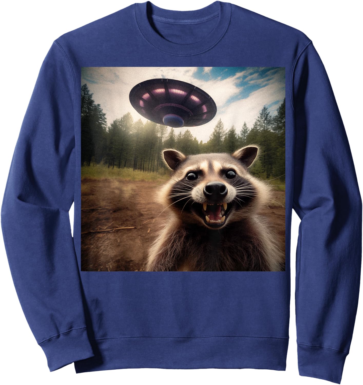 Funny Raccoon UFO Alien Weirdcore Aesthetic Artwork Sweatshirt - Sweatshirt | Navy