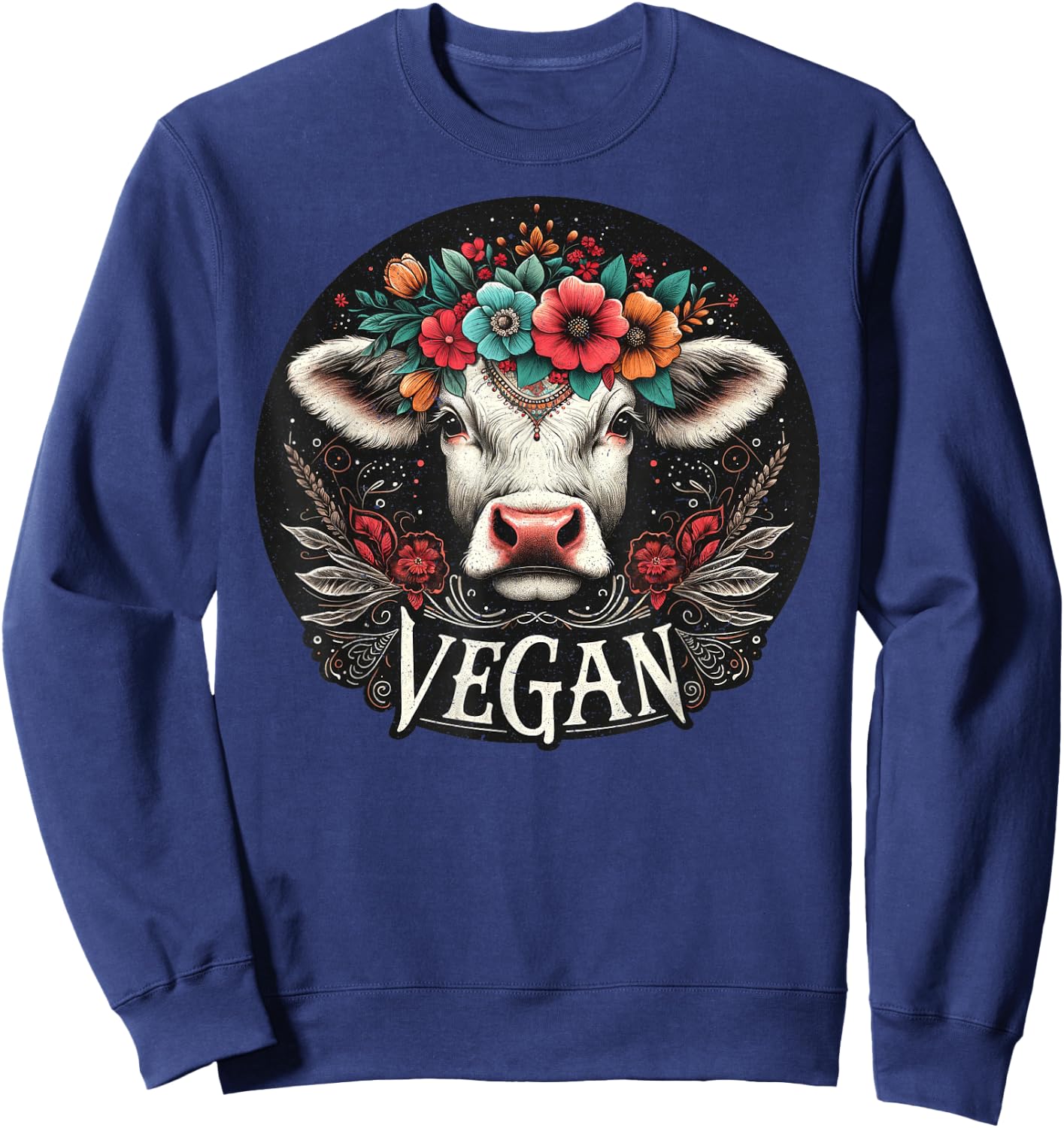 Cow with Flowers Vegan Boho – Vintage Cute Sweatshirt - Sweatshirt | Navy