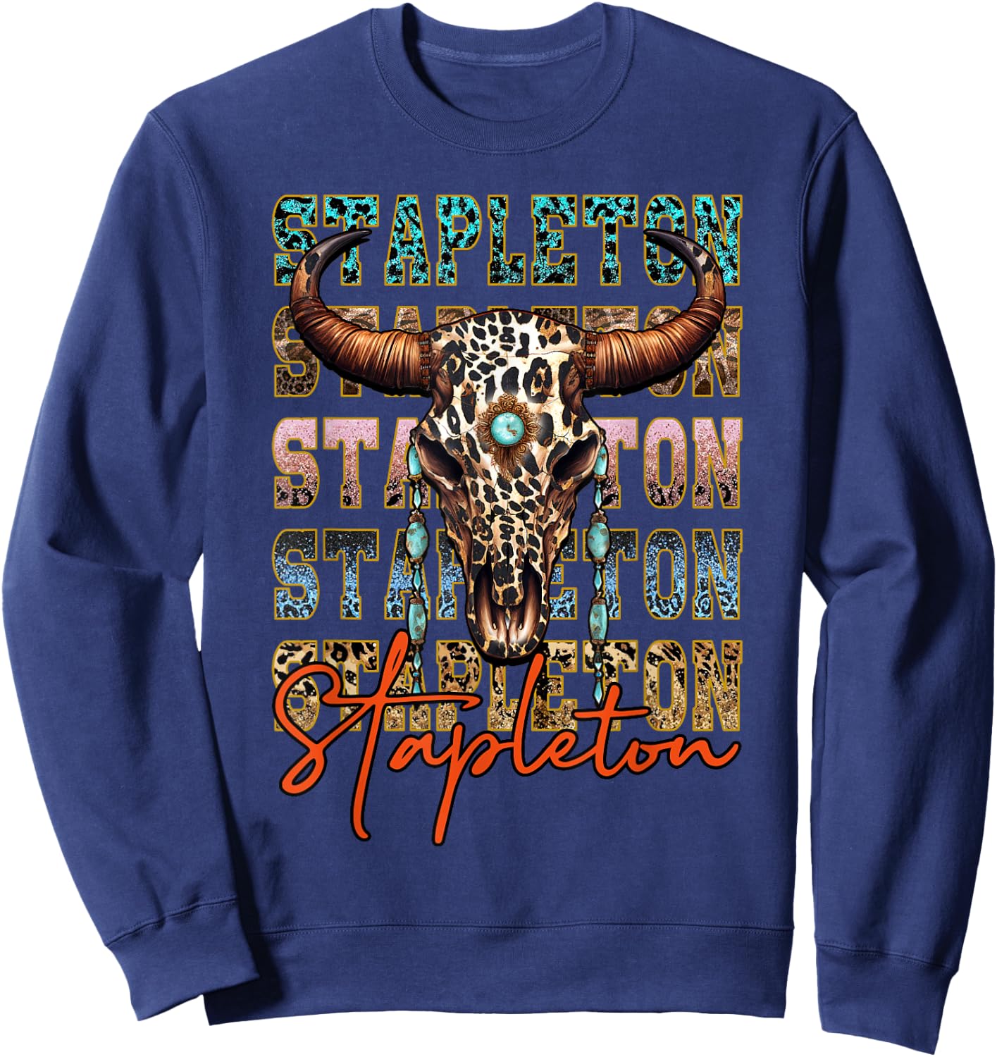 Vintage Stapleton Cow & Leopard Distressed Music Country 80s Sweatshirt - Sweatshirt | Navy