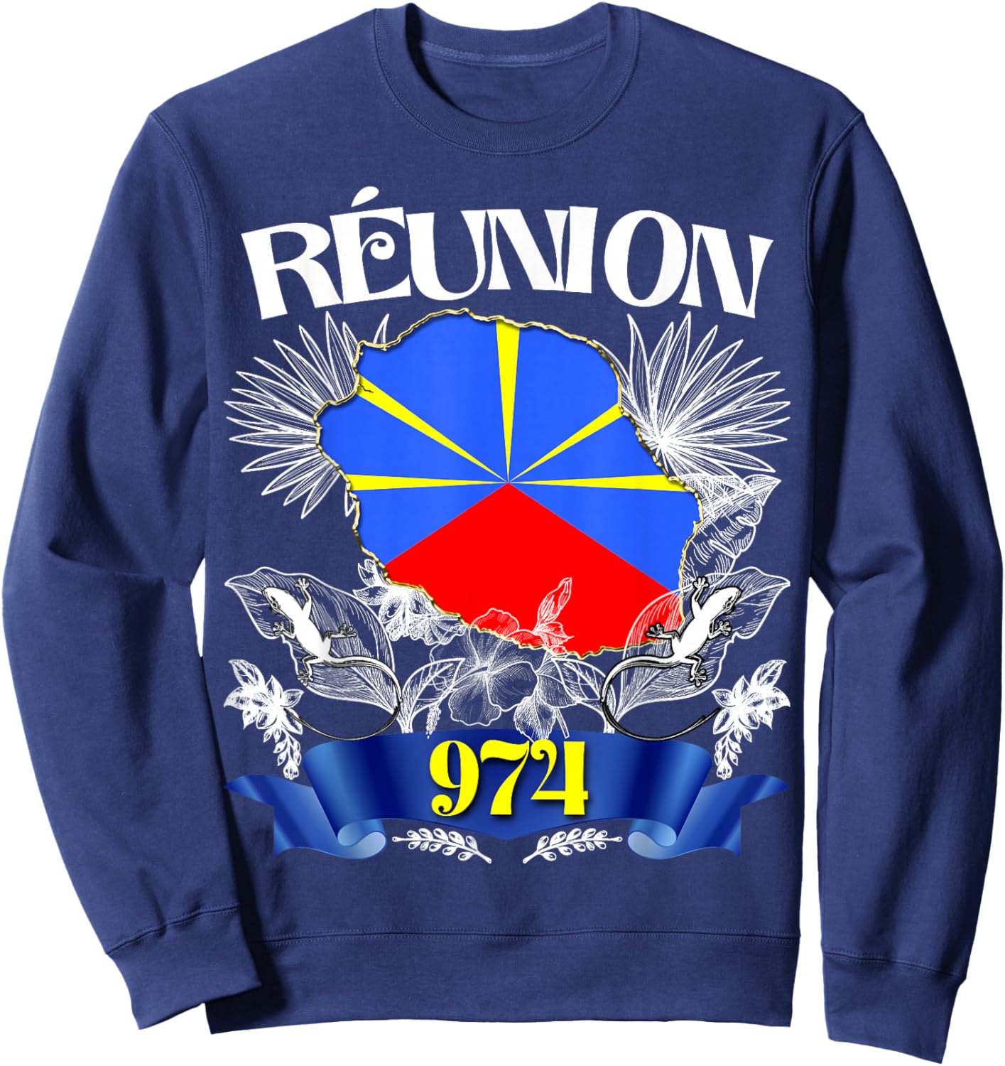 Flag Reunion 974 Le La Margouillat Tropical Flowers Sweatshirt - Sweatshirt | Navy