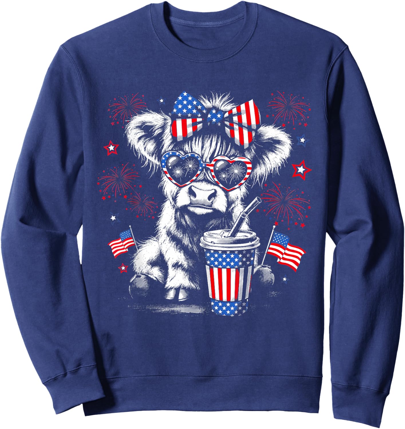 Patriotic Bow Sunglasses Highland Cow Fireworks USA Flag Sweatshirt - Sweatshirt | Navy