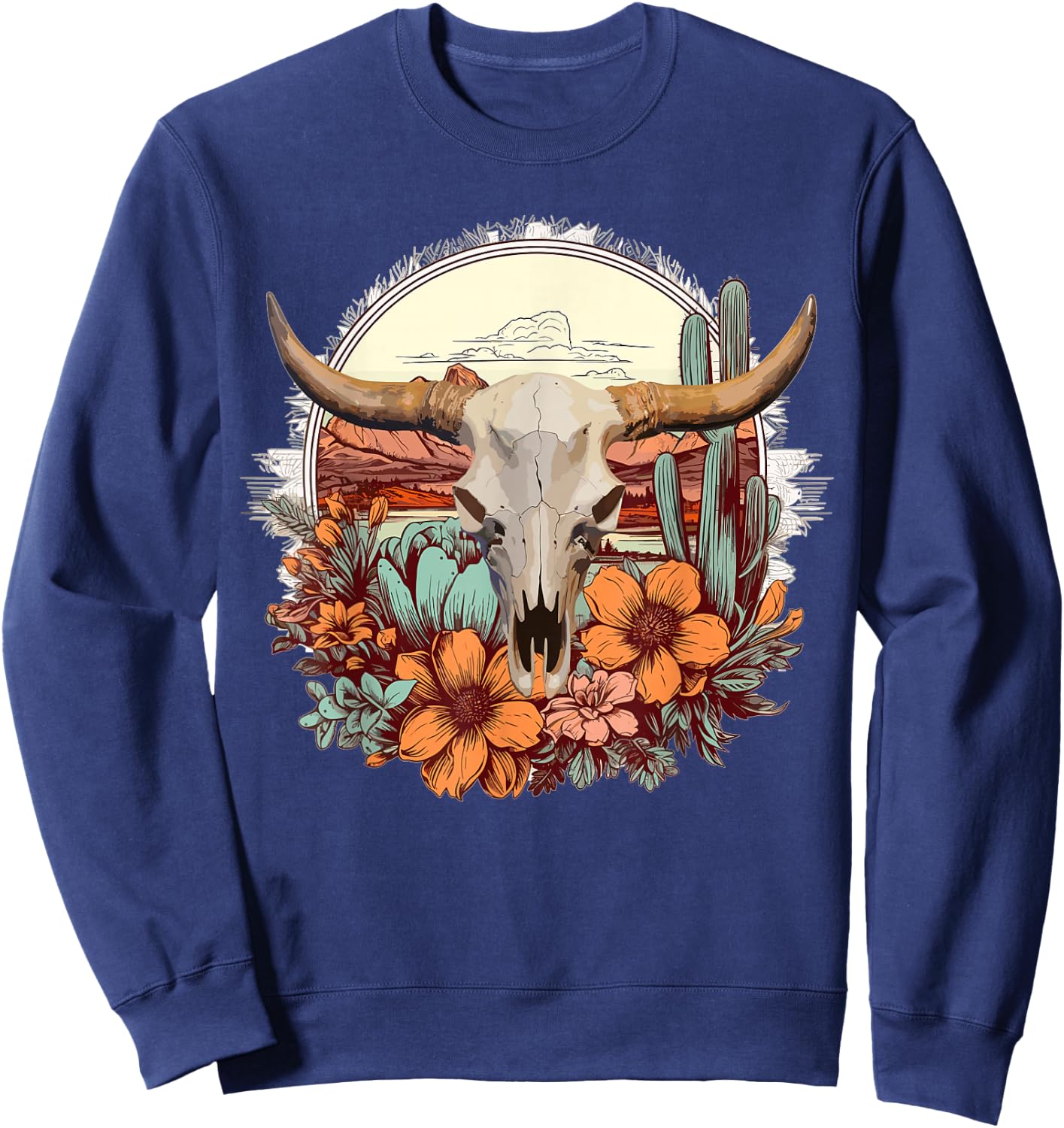 Cow Skull Vintage Boho Cowgirl Cactus Flowers Western Rodeo Sweatshirt - Sweatshirt | Navy