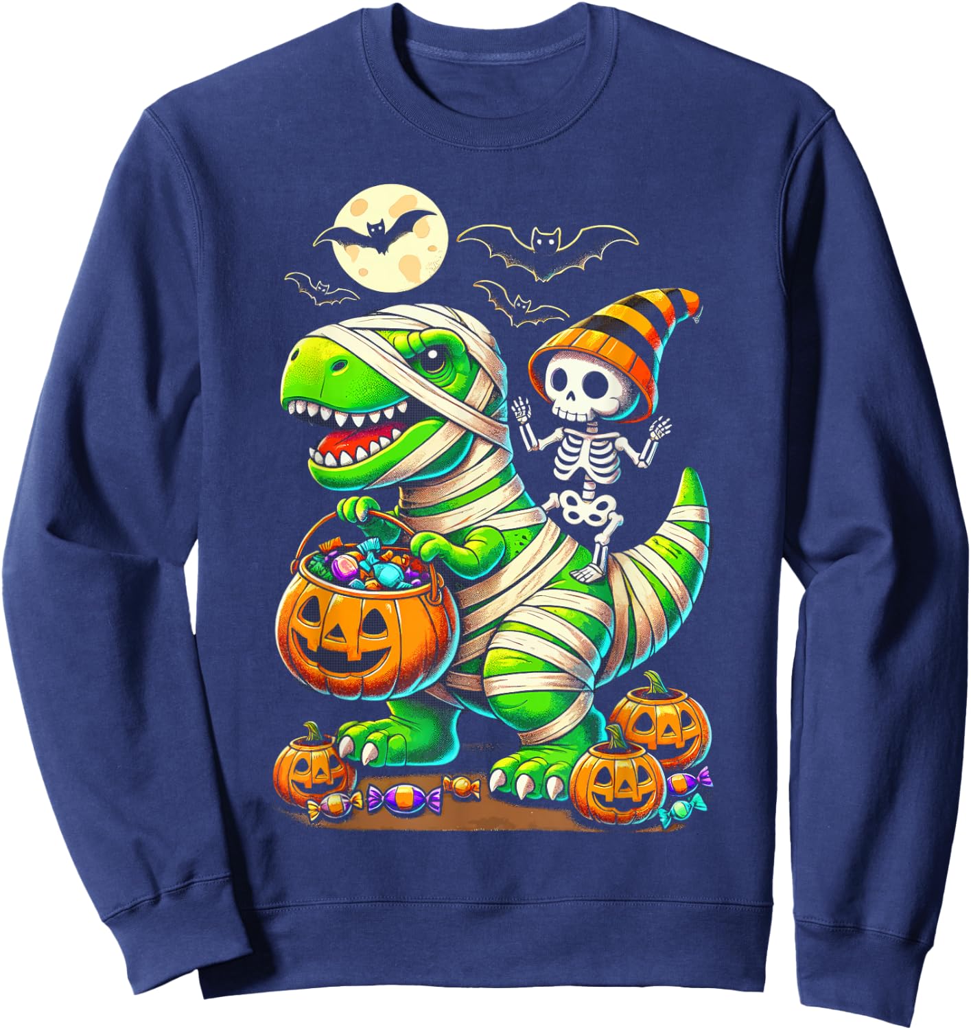 Halloween Funny T Rex Dinosaur Mummy Boys Trick Treat Sweatshirt - Sweatshirt | Navy