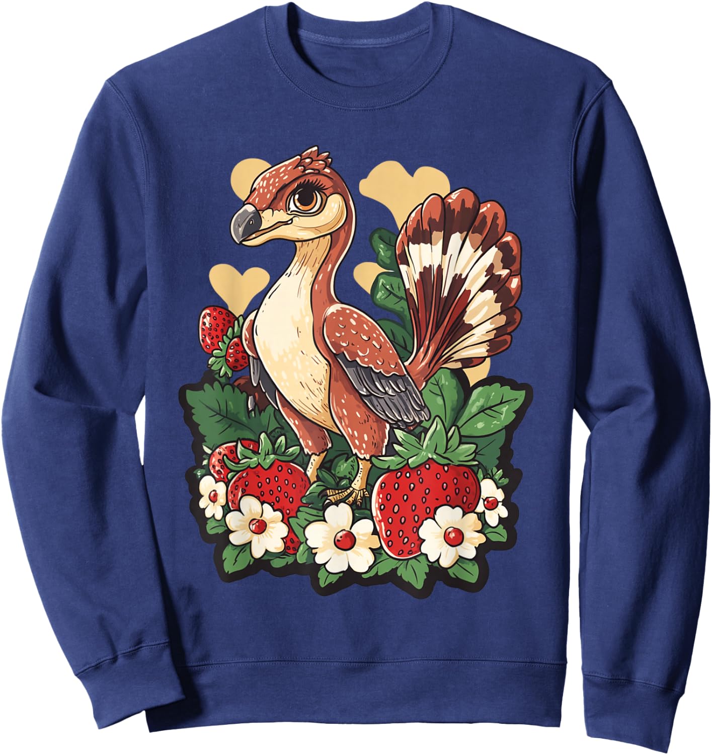 Anchiornis Dinosaur with Strawberries Dino Lover Sweatshirt - Sweatshirt | Navy