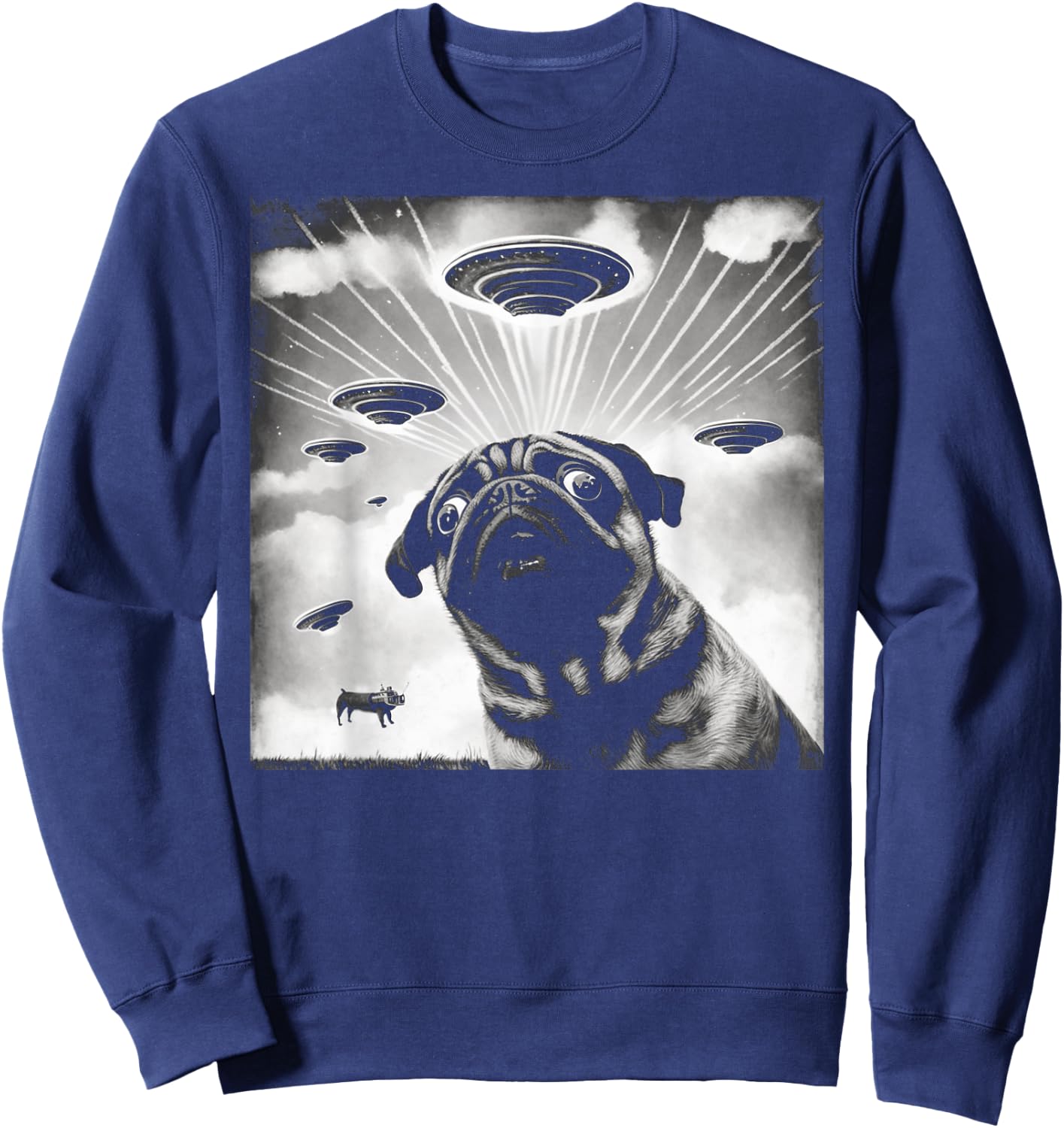 UFO Flying Alien UAPs Funny Pug Selfie Retro Sweatshirt - Sweatshirt | Navy